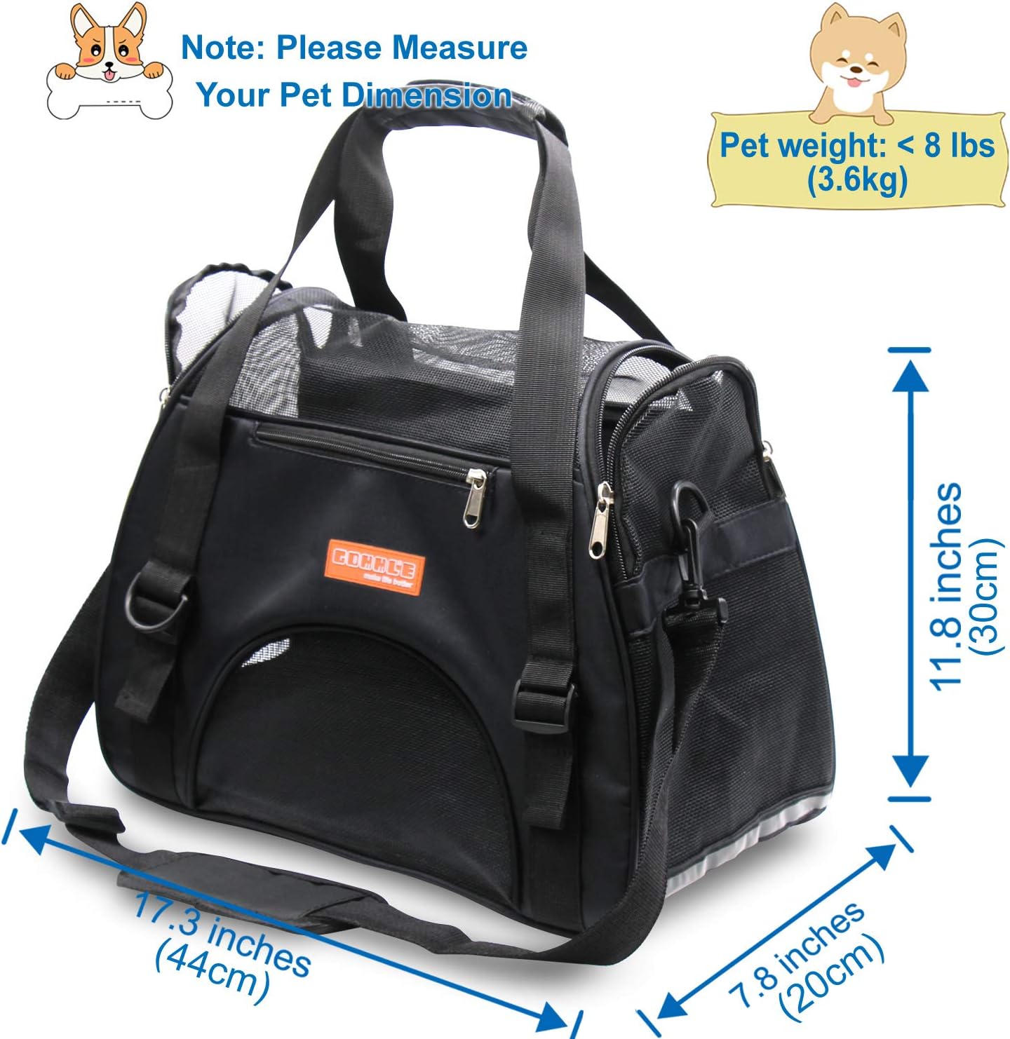 Flugzeugtaugliche Reise-Tragetasche für Haustiere, L 44 x B 30 x H 20 cm Schwarz