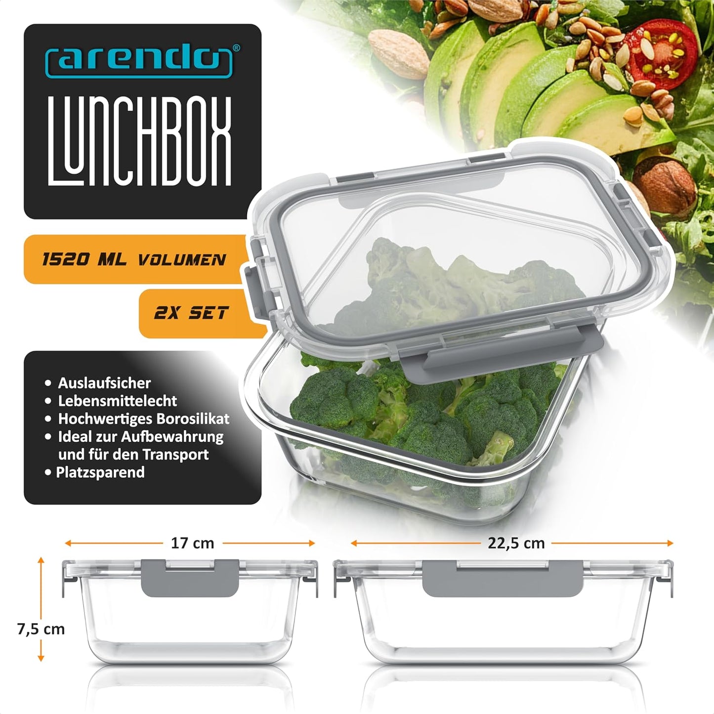 Glas Frischhaltedosen luftdicht 2er-Set (1500 ml), B: 2x 1500ml