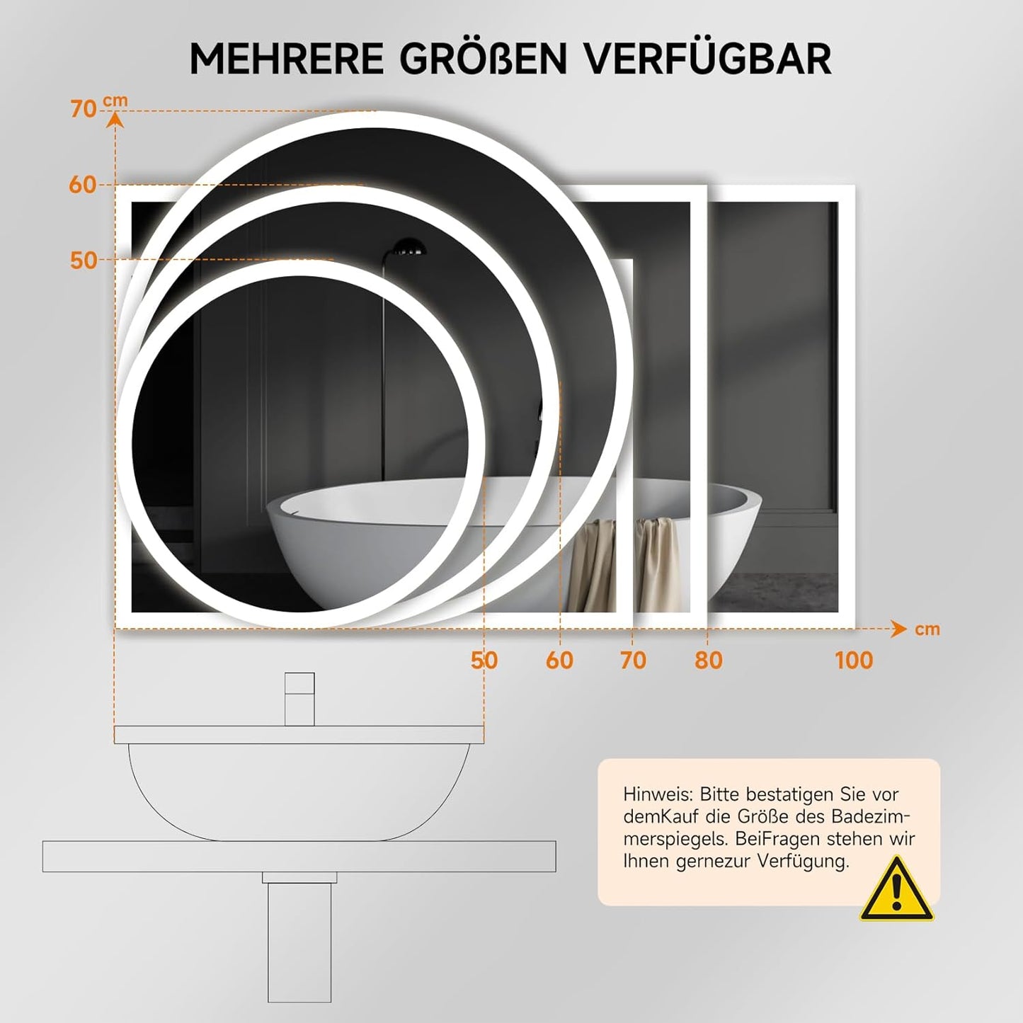 Runder LED-Badspiegel mit Touch & Dimmfunktion, 50 x 50 cm Beschlagfrei+ 3 Lichtfarbe+ Dimmbar