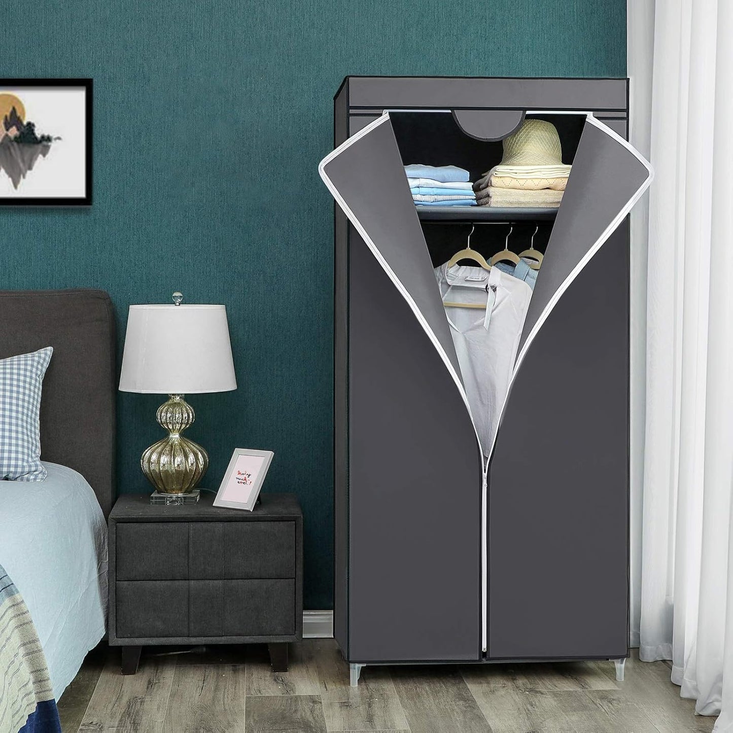 Faltbarer Kleiderschrank mit Kleiderstange, Grau
