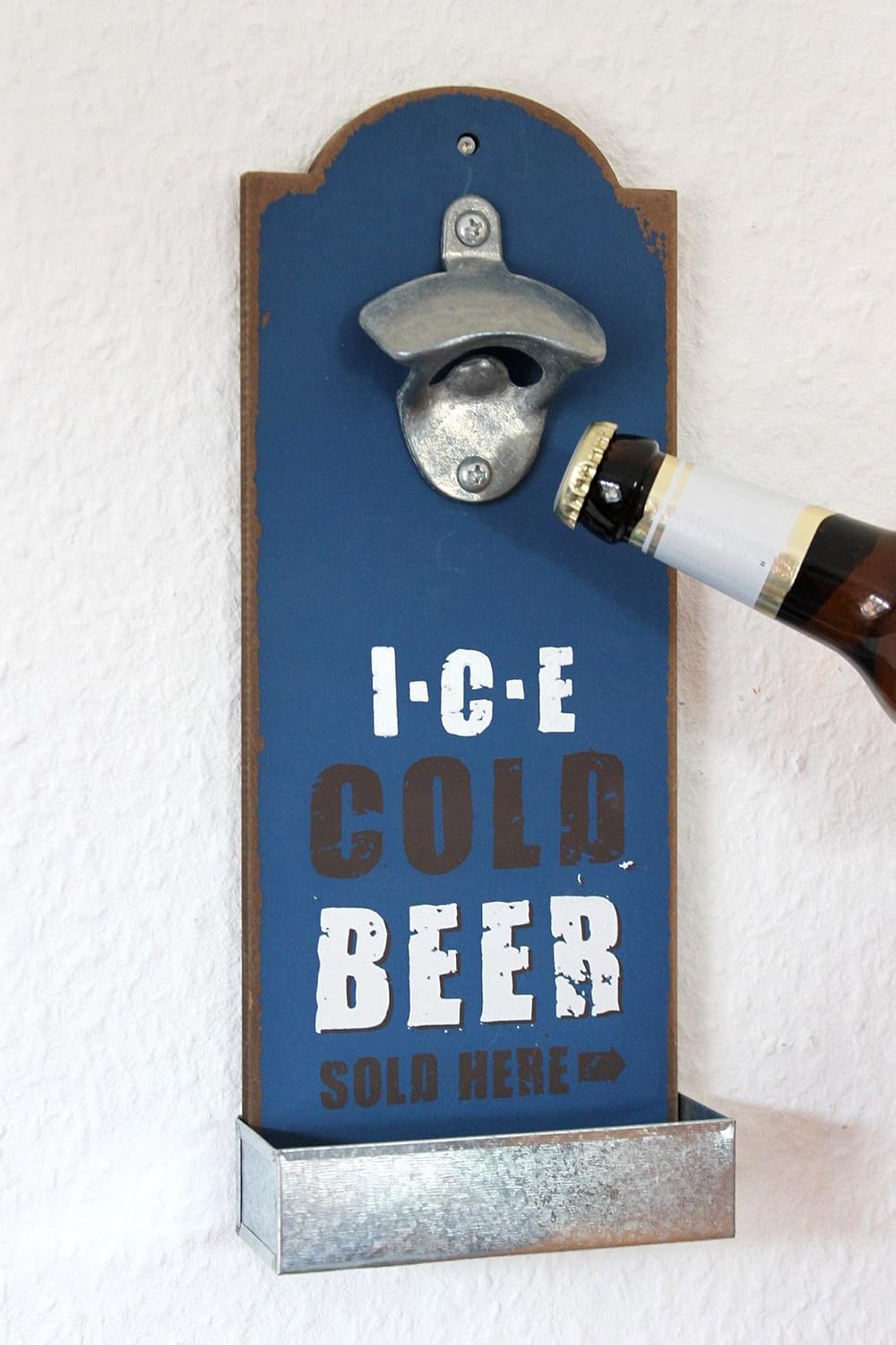 Wandflaschenöffner mit Kronkorkenbehälter, Blau Ice Cold Beer
