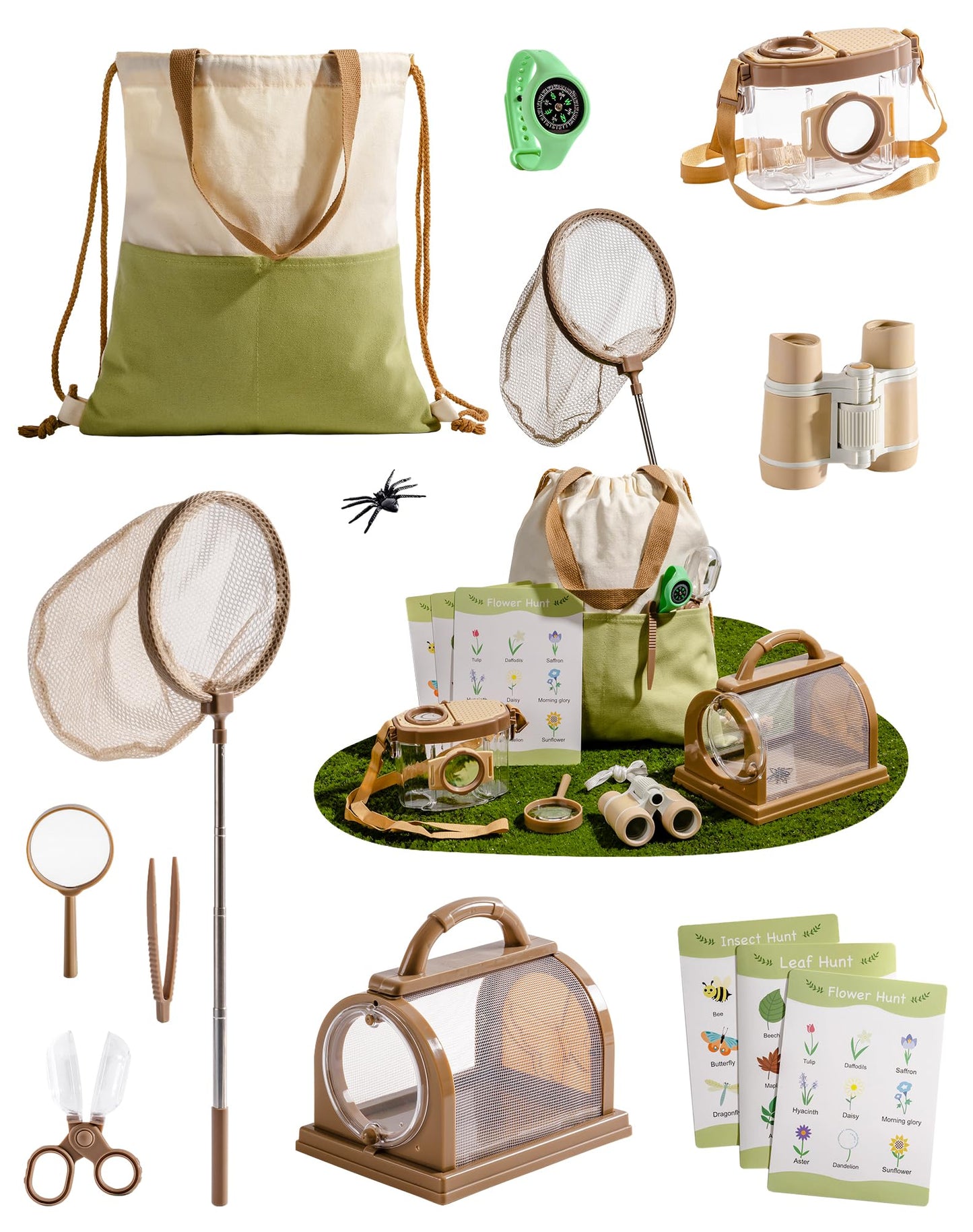 12-teiliges Entdecker-Set mit Insektennetz, Lupe, Insektenbeobachter, Schmetterlingsnetz, Grün - 12pc