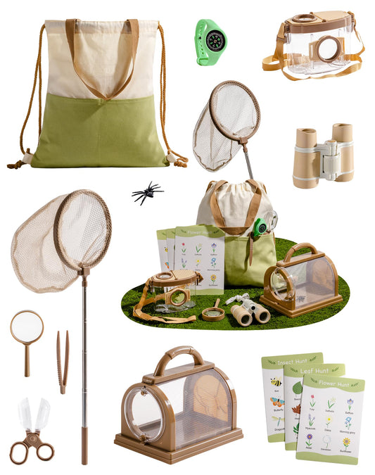 12-teiliges Entdecker-Set mit Insektennetz, Lupe, Insektenbeobachter, Schmetterlingsnetz, Grün - 12pc