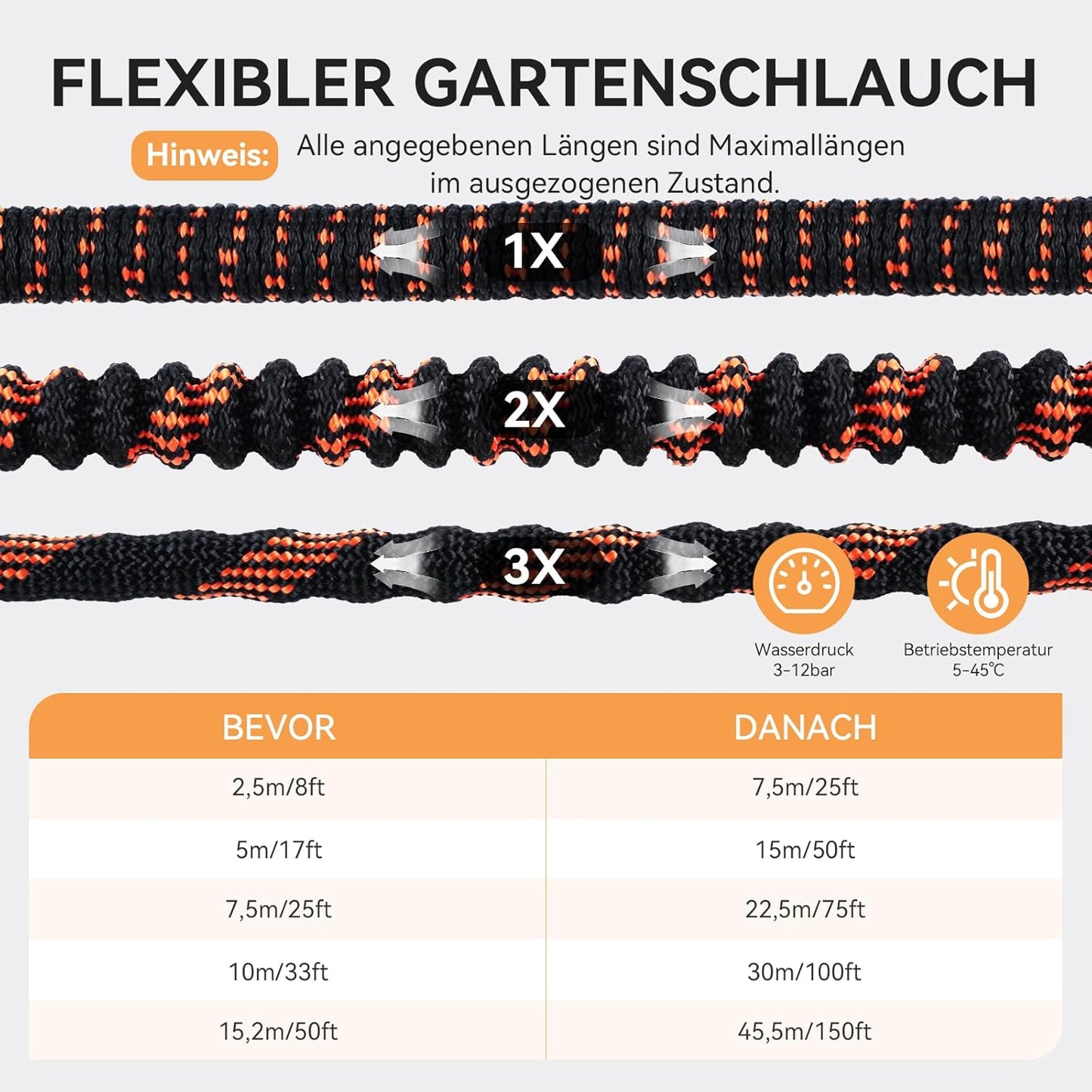 Flexibler Gartenschlauch, knickfrei & strapazierfähig, 30M/100FT Schwarz-orange