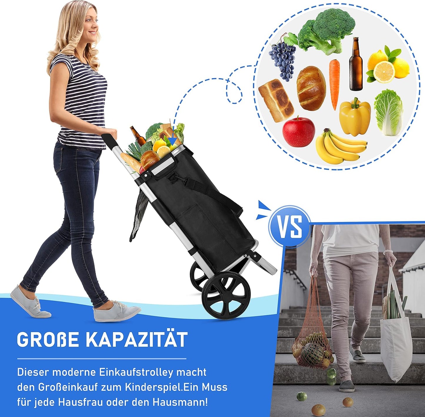 Klappbarer Einkaufstrolley mit Kühlfach, Schwarz Standard-bereifung