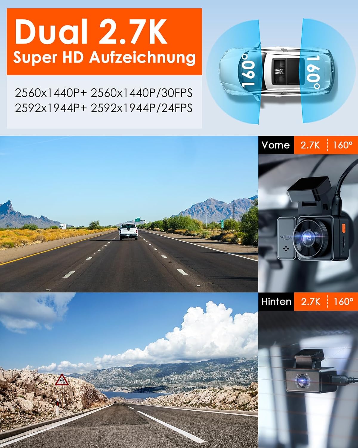 Dashcam E2 Dual-Kamera mit 2.7K Auflösung und GPS
