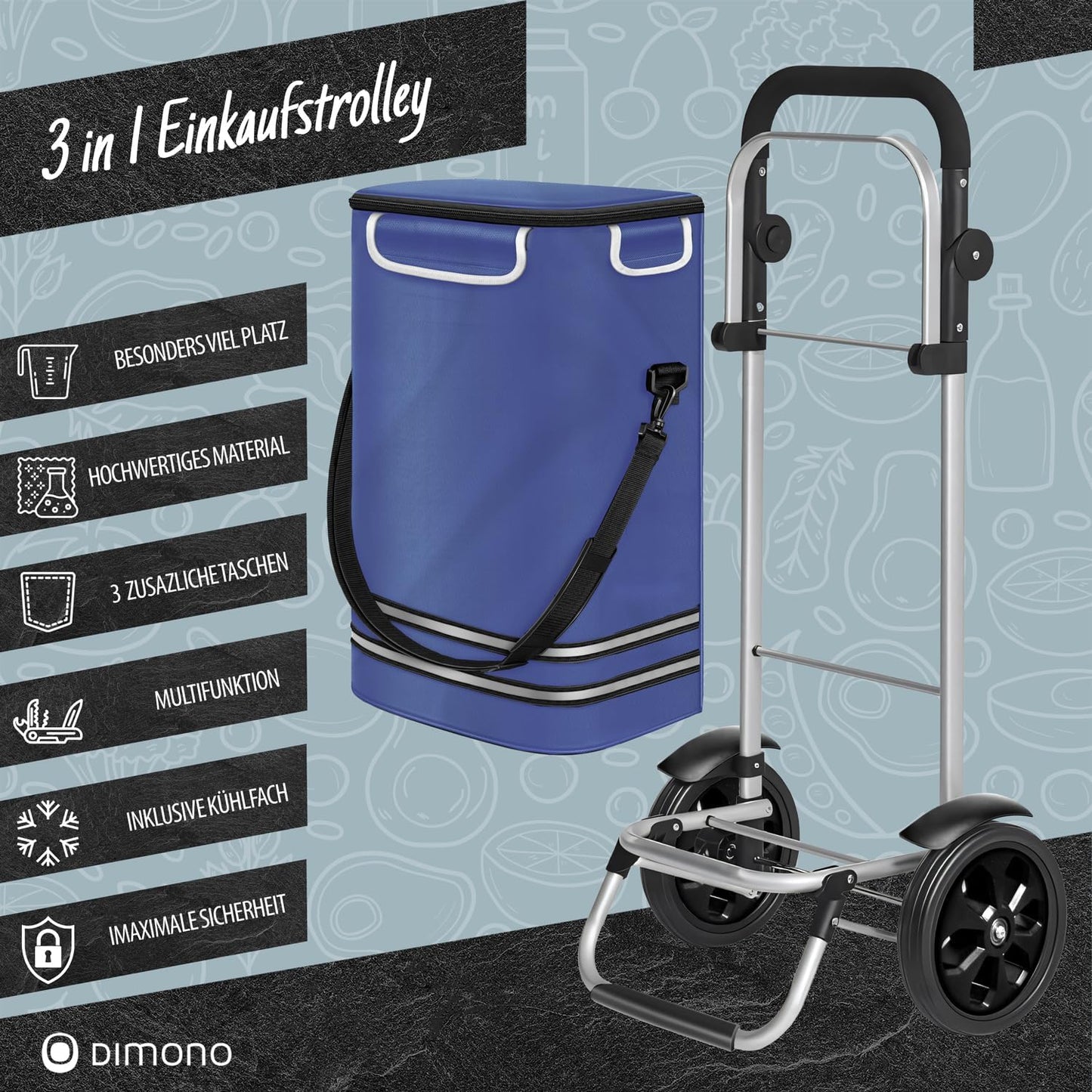 3-in-1 Einkaufstrolley Rolltex mit Kühlfach (56 L), Blau