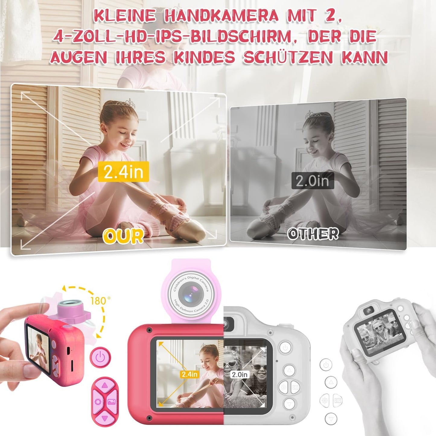 Kinderkamera mit 180° Flip-Objektiv & IPS-Bildschirm, Rosenrot