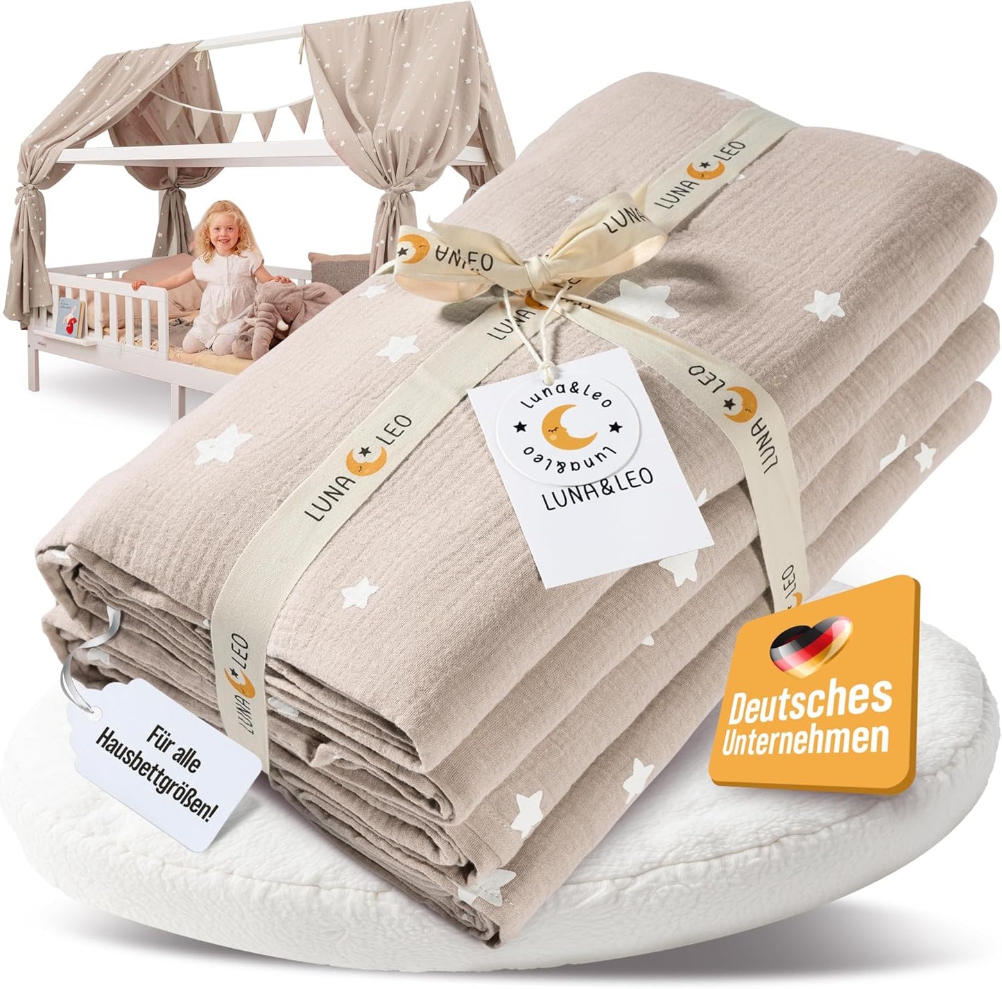 Hausbett Himmel-Set mit Sternendruck und Wimpelkette, Beige Sterne H320 x B130 cm (2er Set)