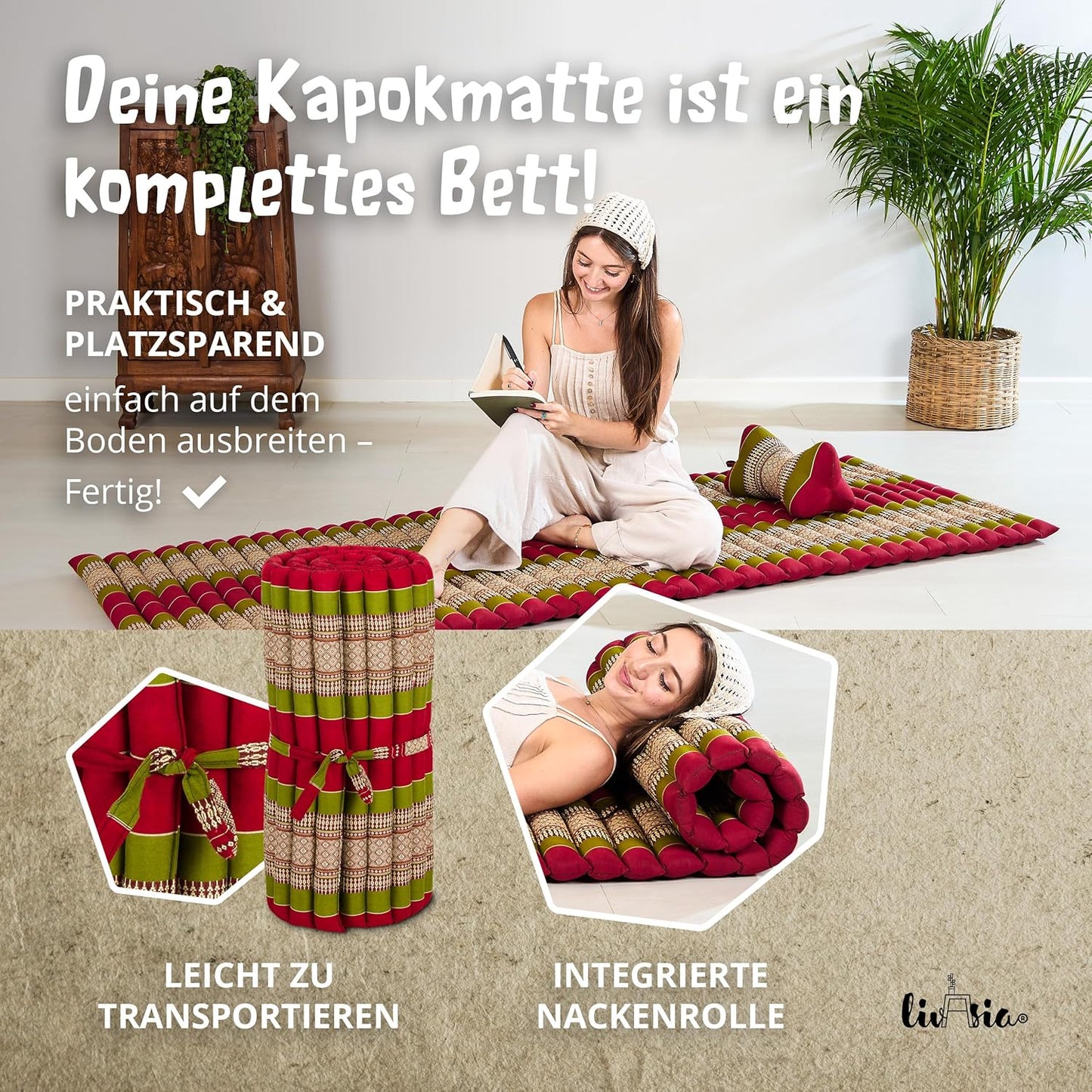 Rollmatte Rollmatratze für Gäste und Reisen (200x75x4,5cm), M (200 x 75 cm) Rot/Grün