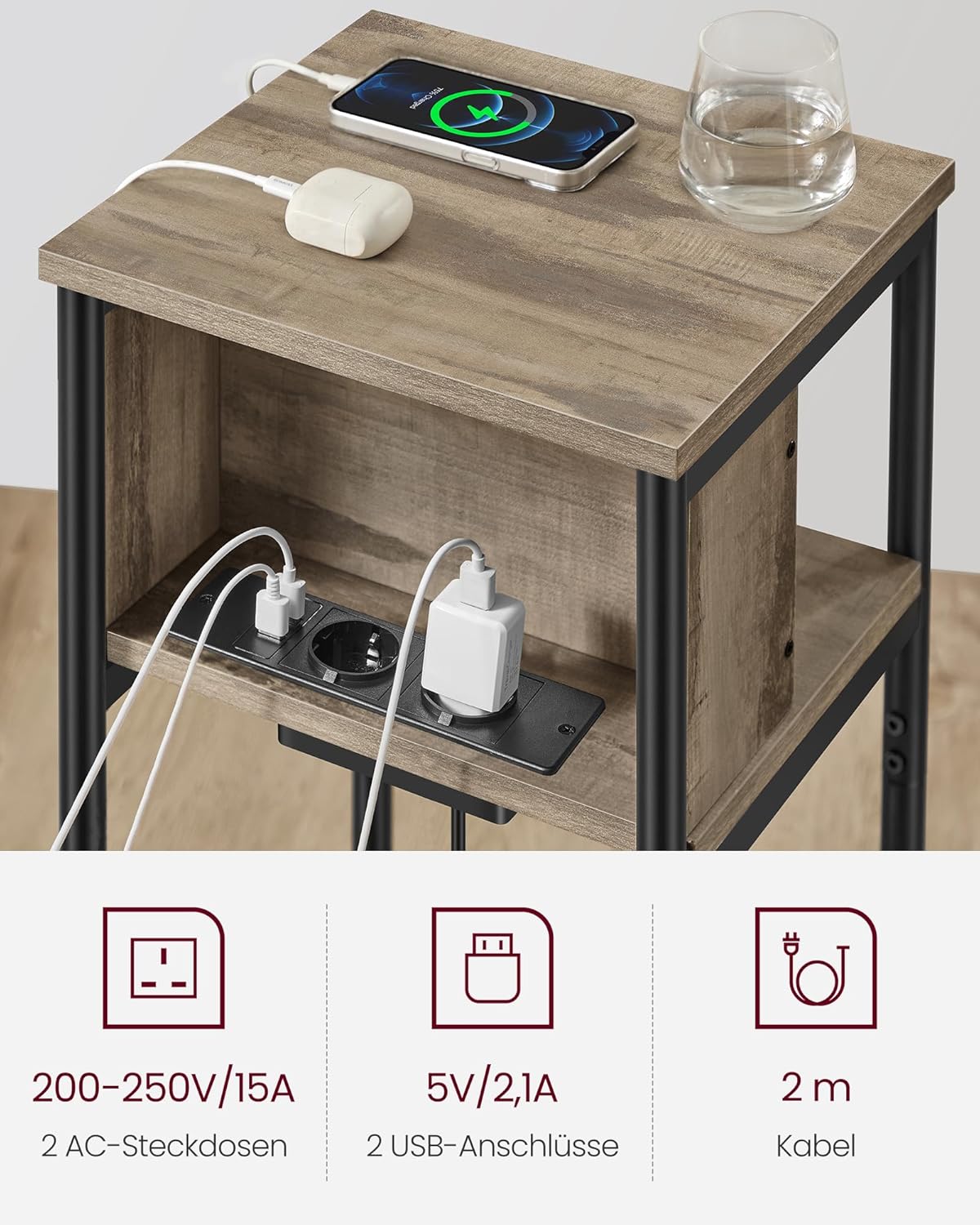 Beistelltisch LET375K01 mit Steckdose und USB-Anschlüssen, Haselnussbraun + Schwarz