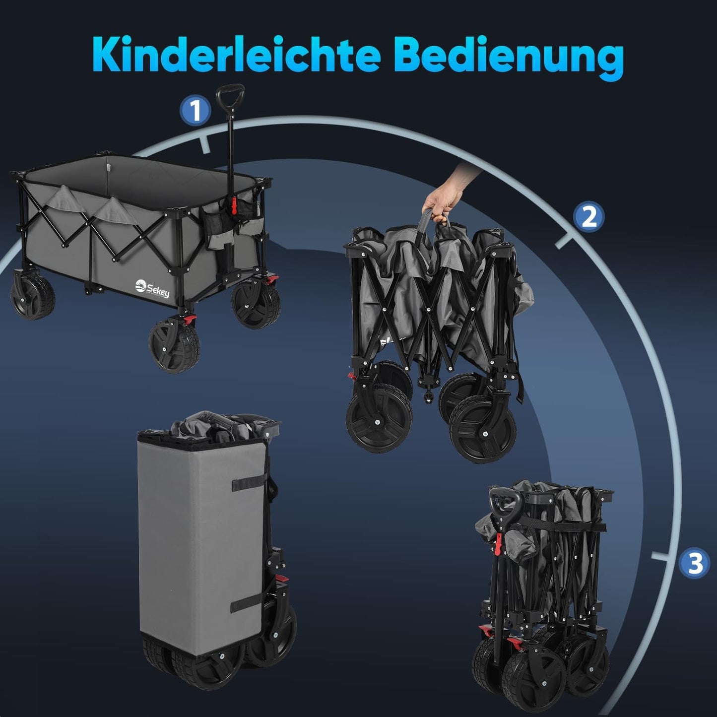 Faltbarer XXL Bollerwagen mit Bremsen 200L 200KG, Anthrazit 8cm Räder