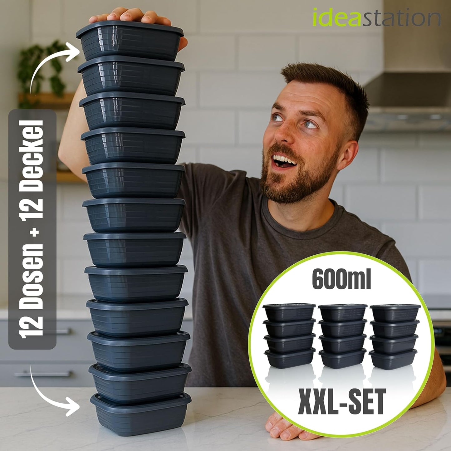 12-teiliges Gefrierdosen Set, 600 Ml / 12 Stück / Anthrazit