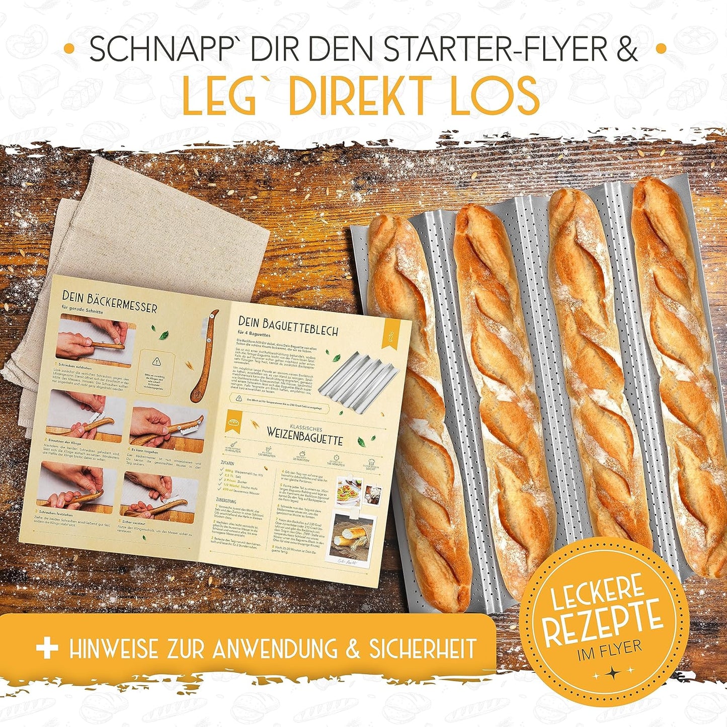 Baguettebackform Set mit Bäckerleinen & Messer, 4er Baguetteform