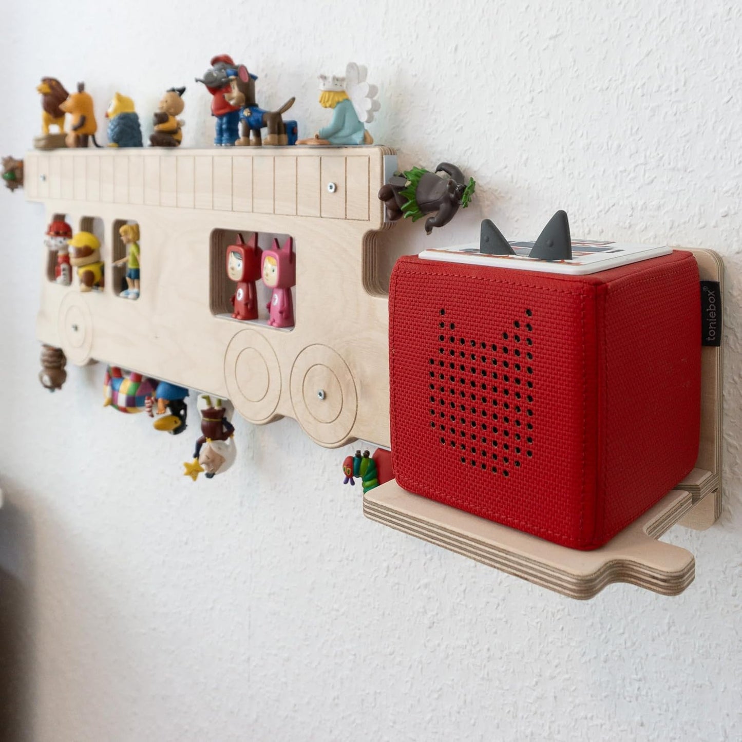 Feuerwehr-Wandregal für Toniebox und Figuren, Feuerwehr-Set mit Box-Halter, Holz