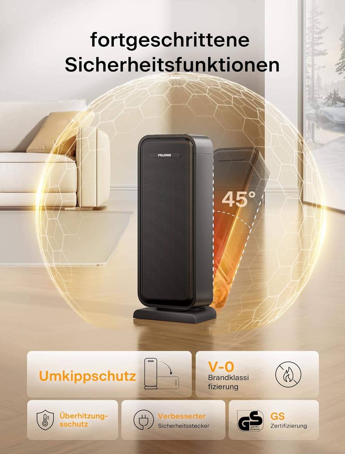 Turmheizung mit Timer, Kipp- und Überhitzungsschutz, Schwarz 20hr