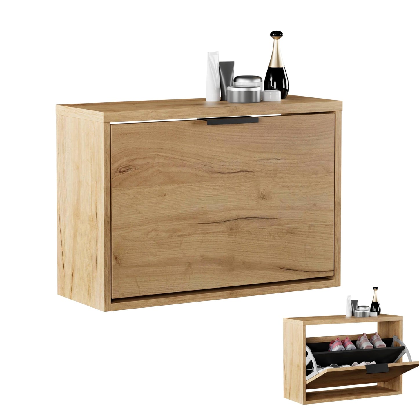 Schuhschrank mit Klappfach und Ablagen, 1 Klappe Gold Eiche