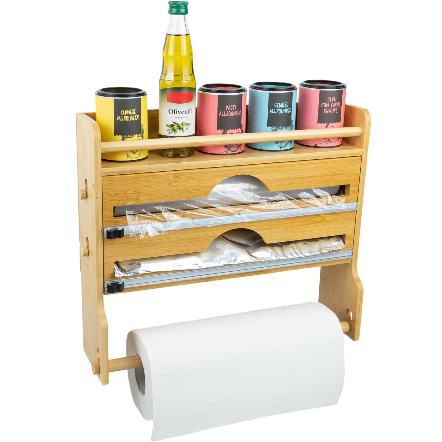 Wandrollenhalter für Küchenrolle, Alufolie & Frischhaltefolie, Bambus-Holz