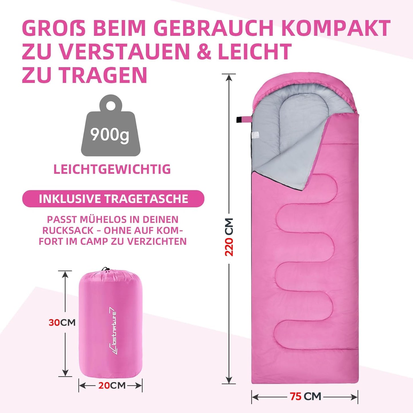 Leichter Camping-Schlafsack mit Kapuze, Rosa 0.9 KG