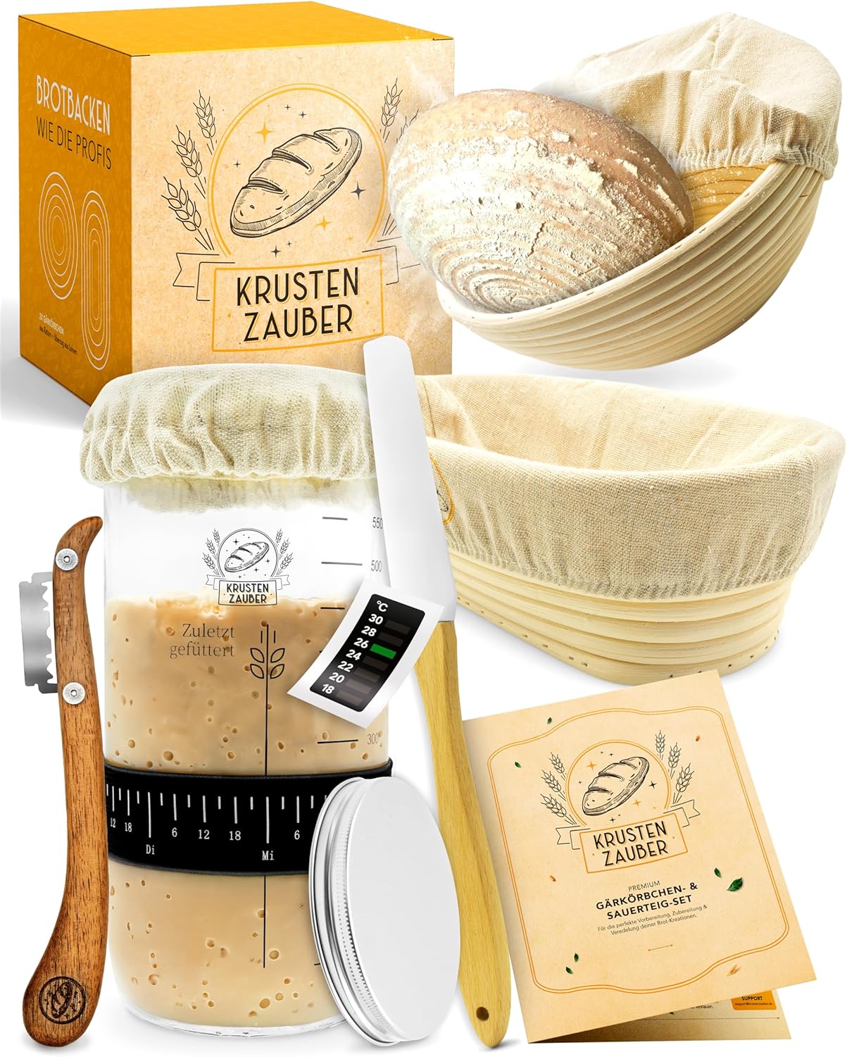 Gärkörbchen & Sauerteig Starter Set, Gärkorb-Set + 600ml Starter + Zubehör