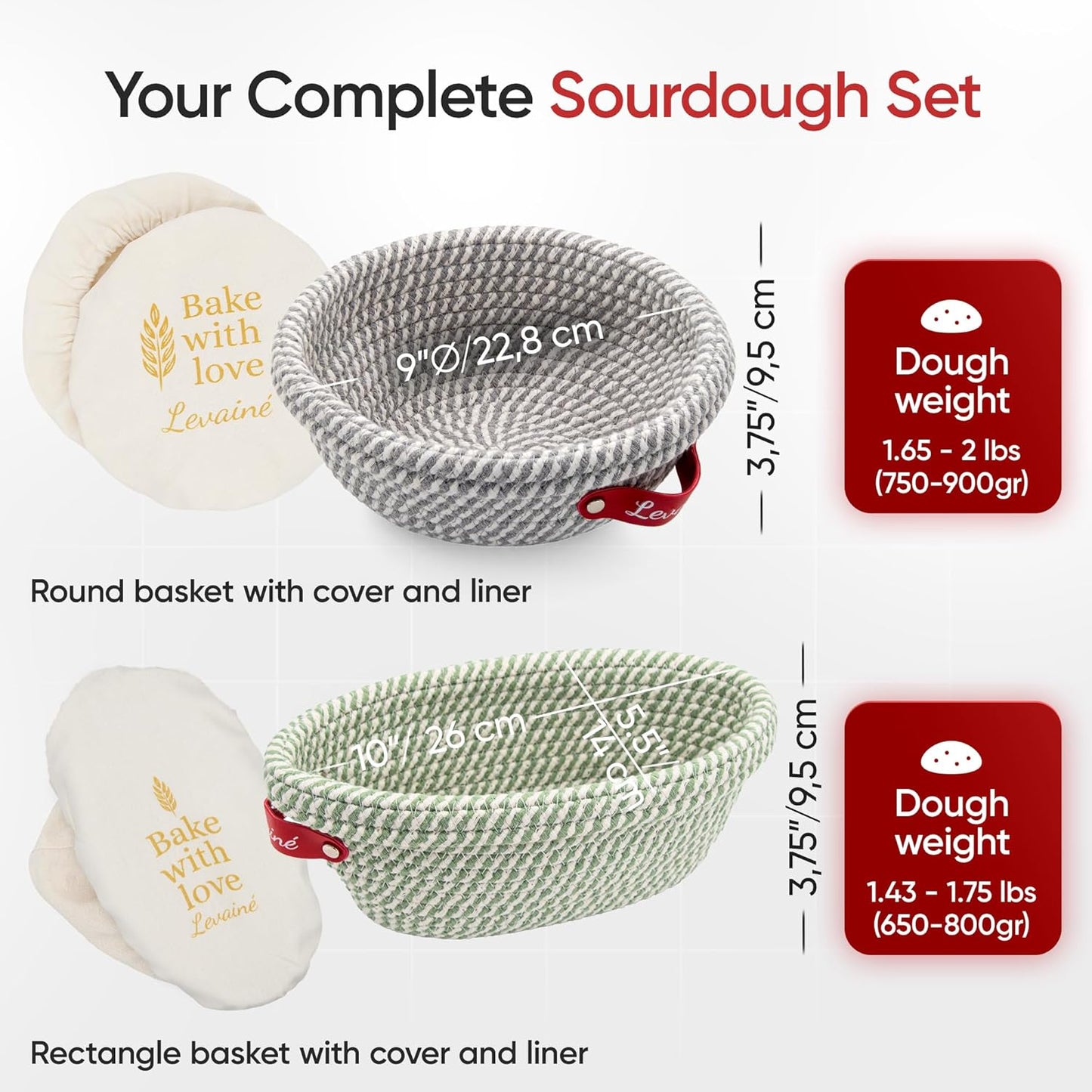 Gärkörbchen-Set für Sauerteigbrot, Grau/Weiss Rund + Grün/Weiss Oval