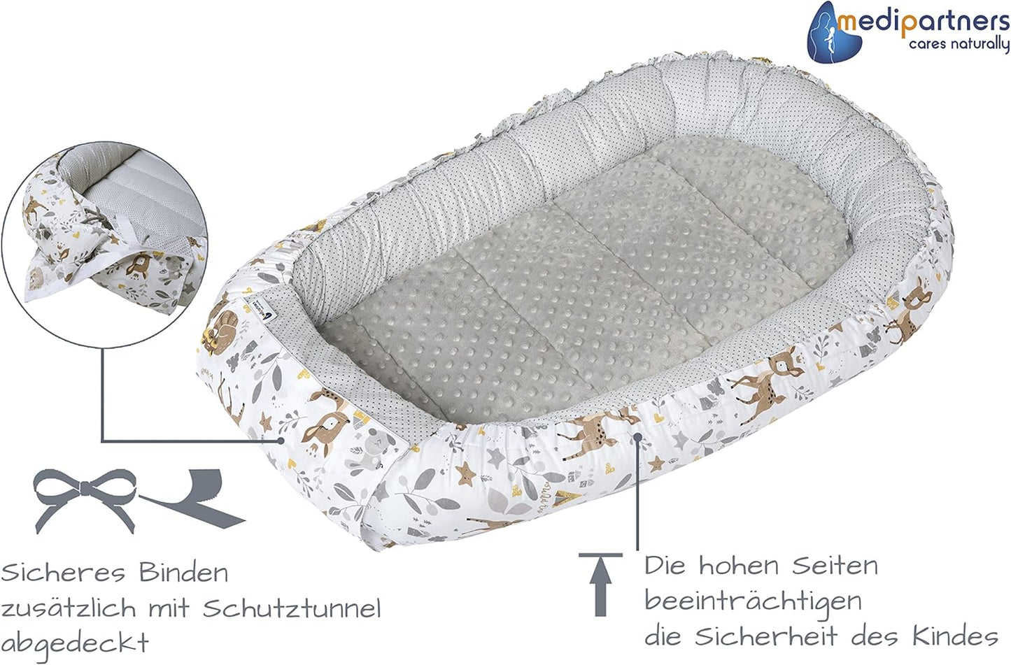 5-teiliges Babynest-Set, Reh mit Grauem Minky