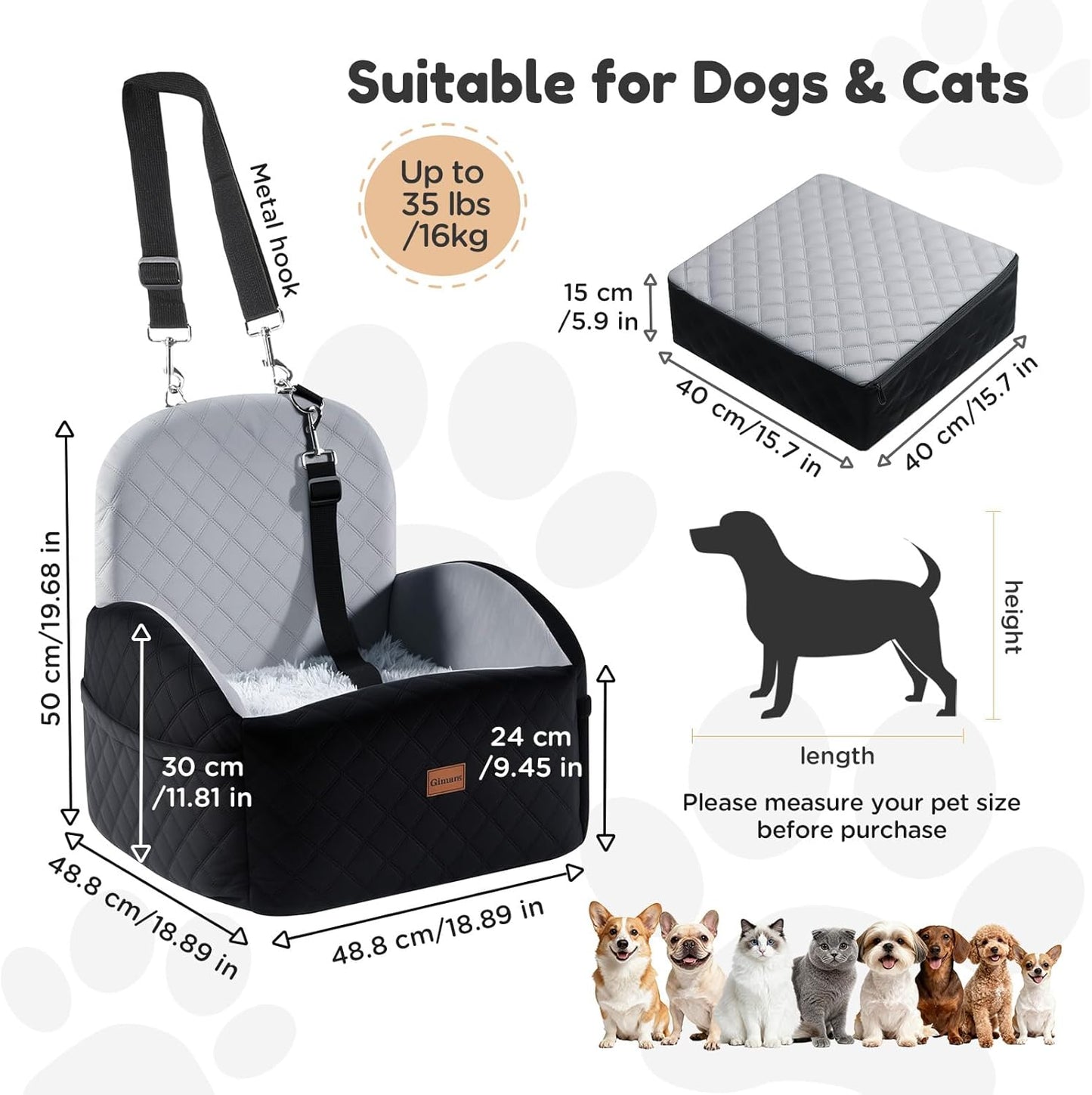 Wende-Hundeautositz mit Sicherheitsgurt, Schwarz / Grau S