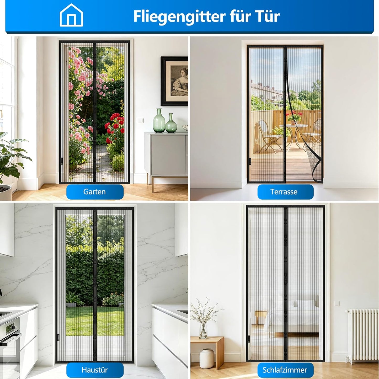 Magnetisches Fliegengitter für Balkontüren, Schwarz Gestreift 100x220cm