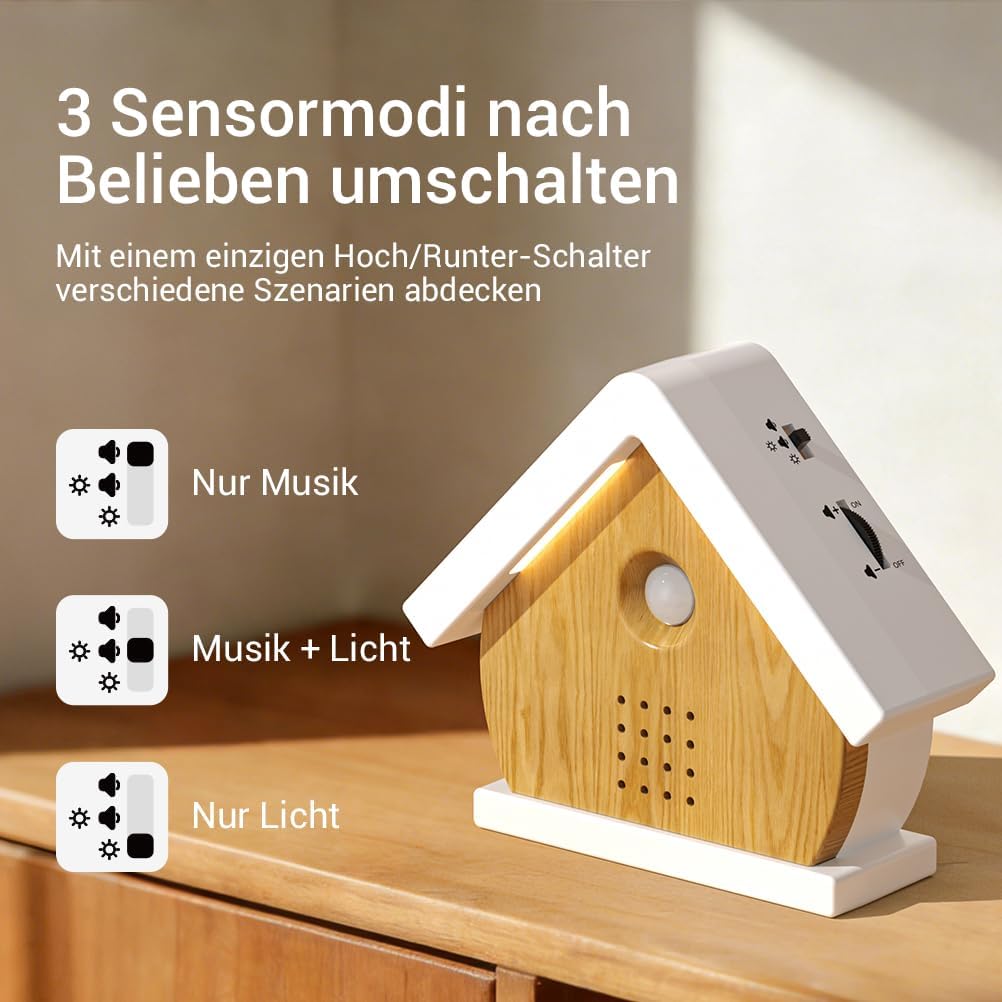 Vogelgezwitscher Box mit Bewegungssensor und Timerfunktion, Hausdesign (Naturholzfarbe)