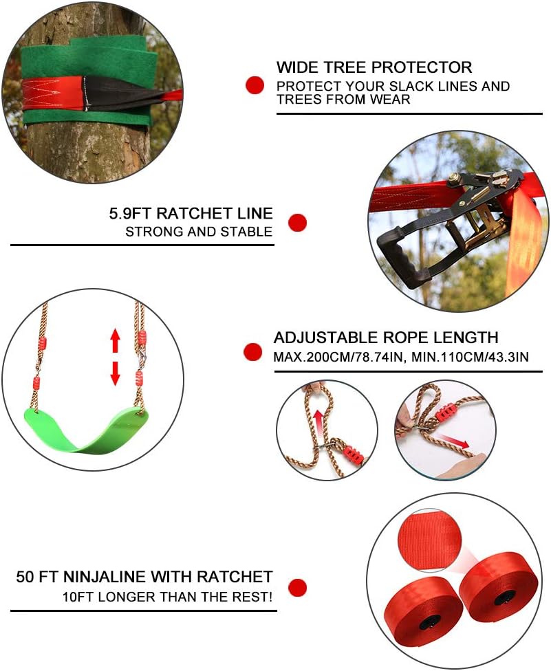 Ninja Slackline Set mit Hindernisparcours (30m, 10 Hindernisse), 15M Slackline×2 +10 Hindernisse
