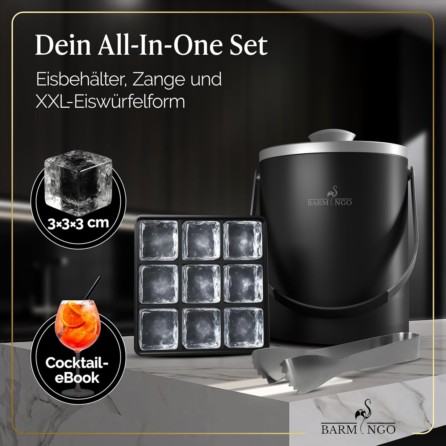 Eiswürfelbehälter mit Deckel, Schwarz-Silber