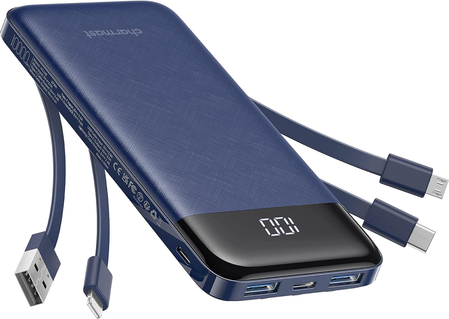 Powerbank mit 4 integrierten Ladekabeln, Blau