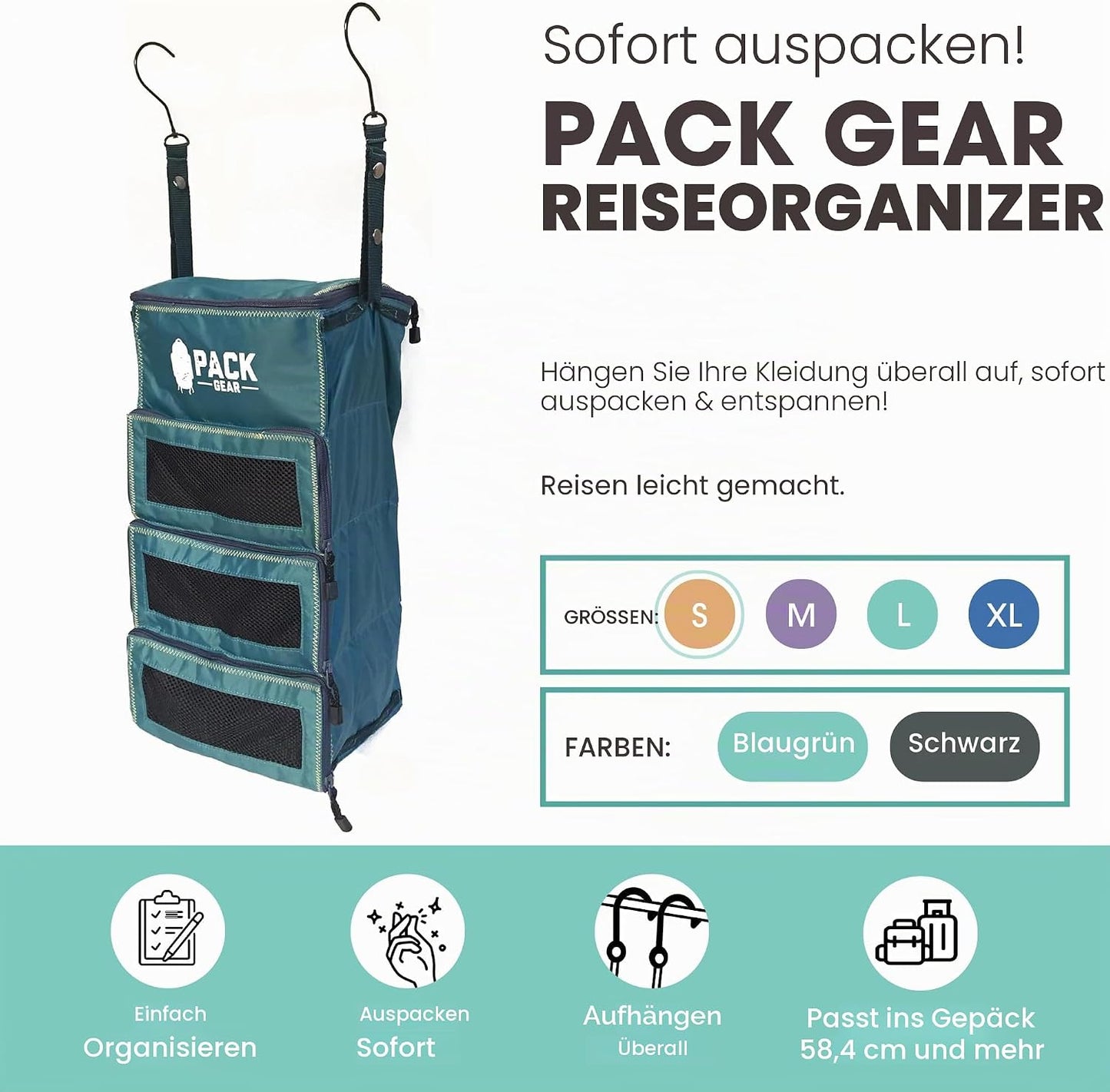 Hängekoffer-Organizer für Handgepäck Koffer, Small (Carry-On) Grün