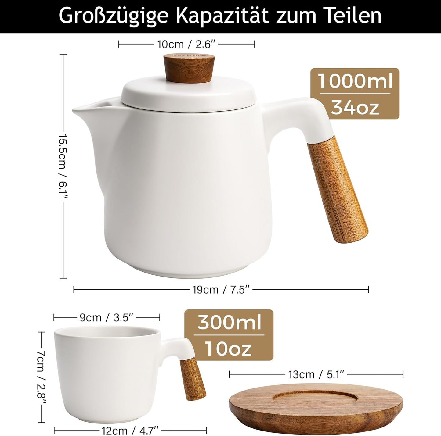 Teekanne mit 4 Teetassen und Untersetzern, Weiss