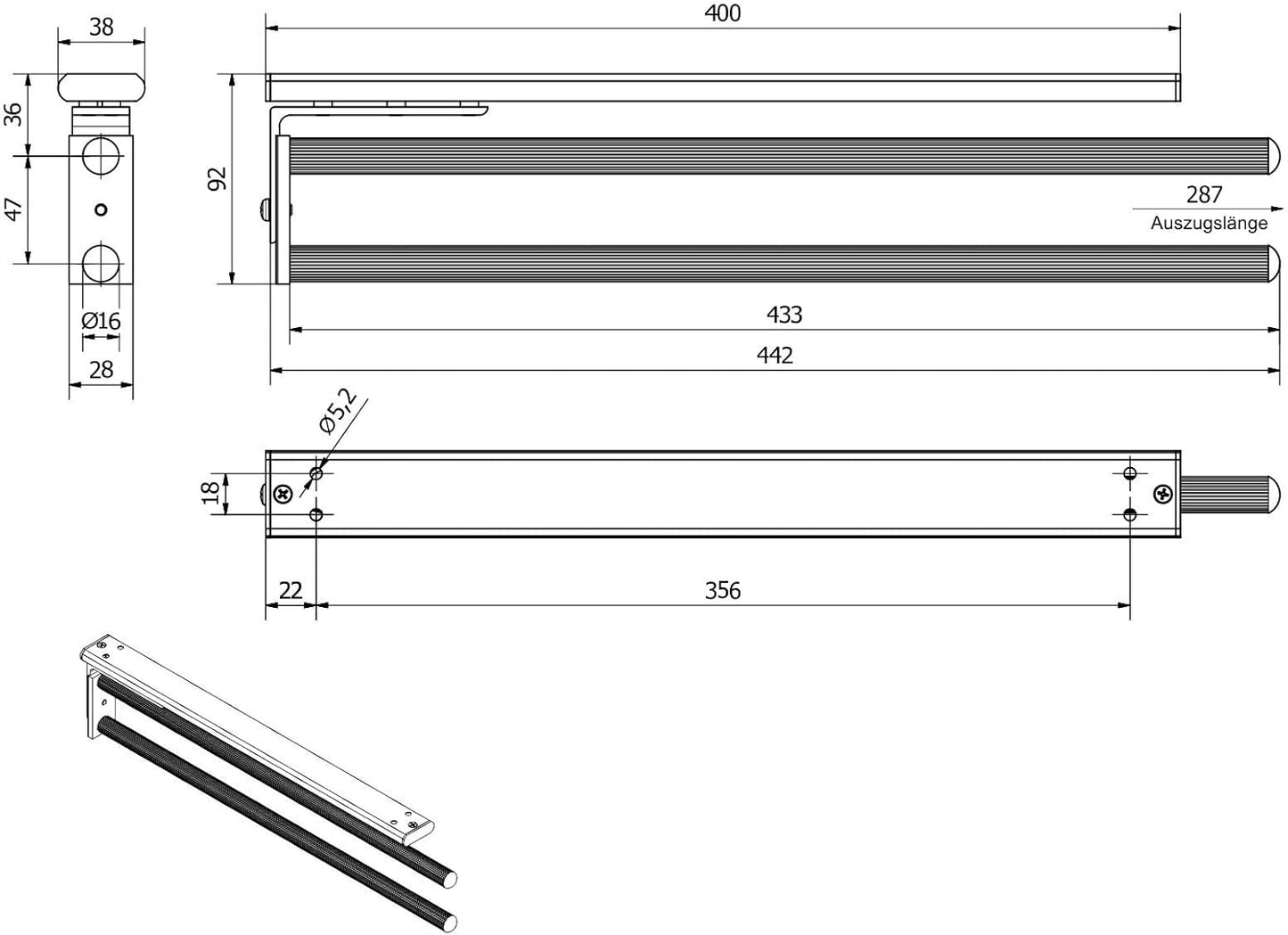Teleskop-Handtuchhalter 2-armig (ausziehbar, drehbar), Chrom Poliert 2-armig 450 - 730 mm