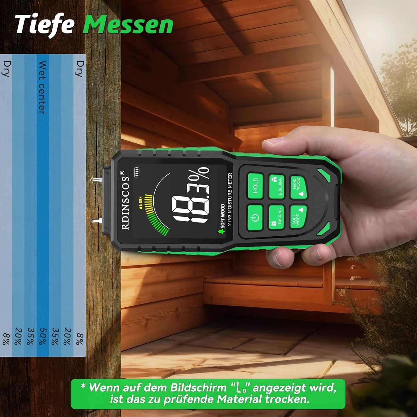 Holzfeuchtemessgerät MT93, Pin-grüner