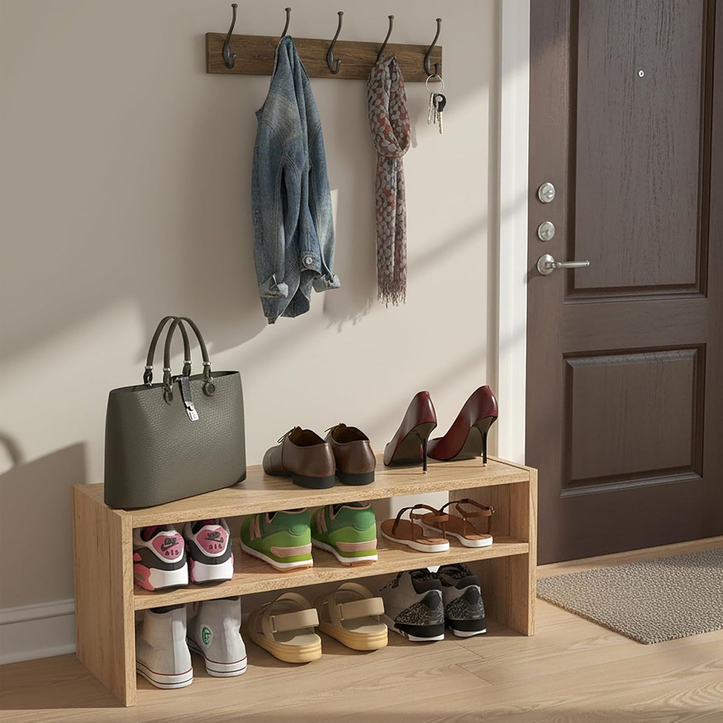 Platzsparendes Schuhregal mit 2 Ebenen, Premium Eiche