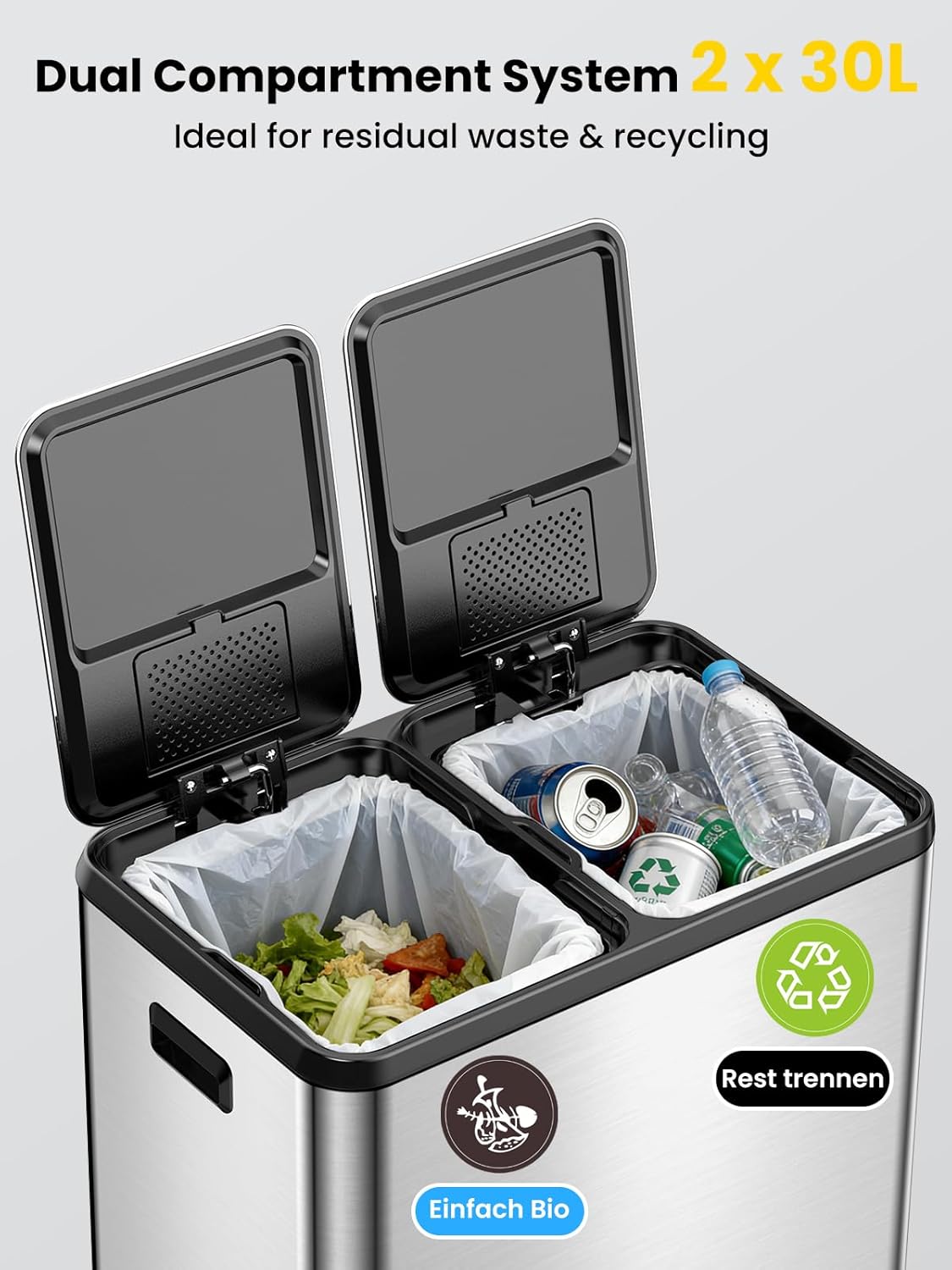 Doppeltreteimer mit Müllbeutel, Edelstahl 60L