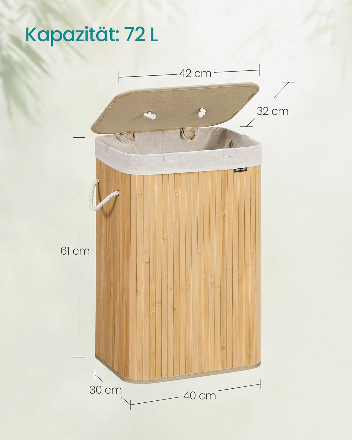 Wäschekorb mit Deckel, 72 Liter, 72 L Naturfarben