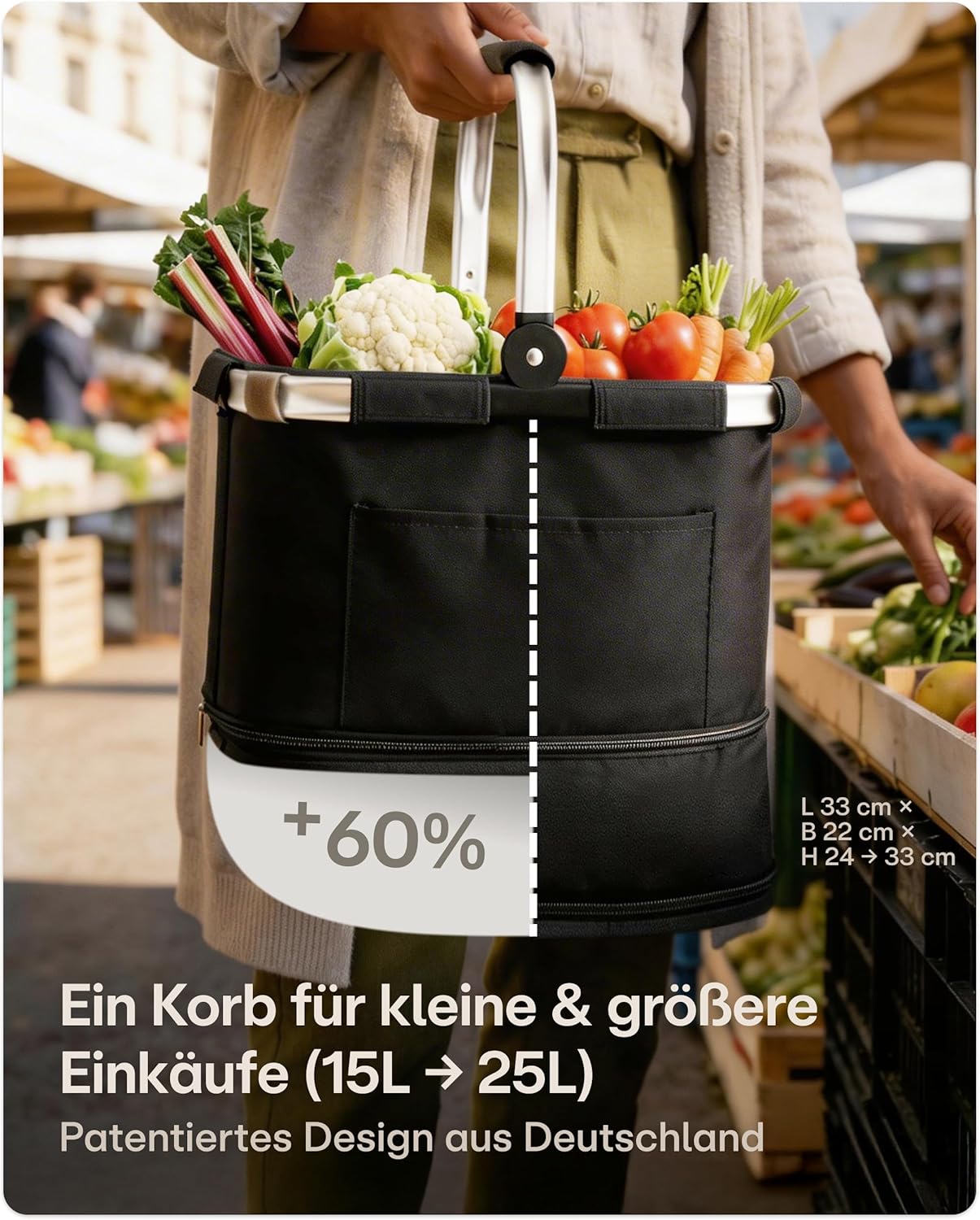 Faltbarer Einkaufskorb mit Alurahmen (15-25L), Schwarz S