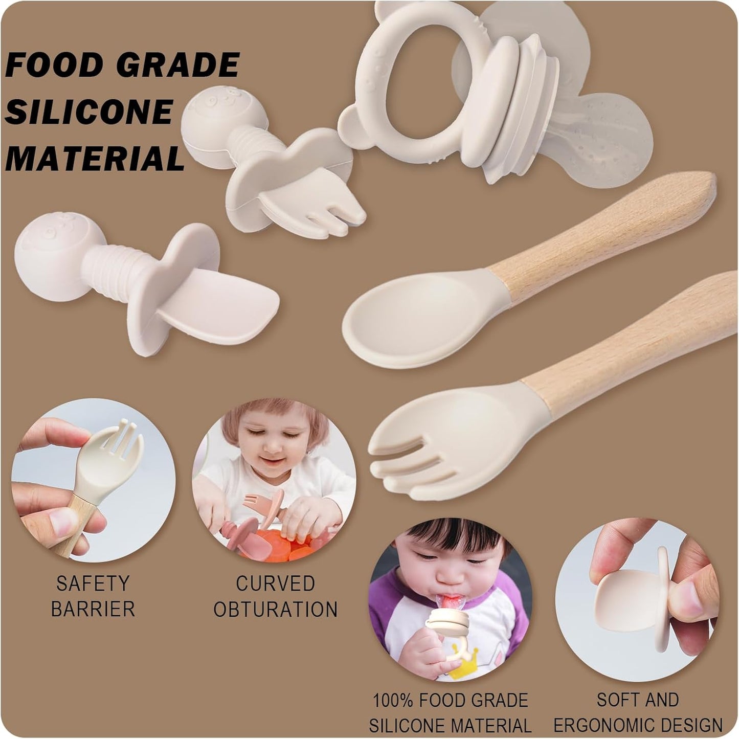 10-teiliges Baby Geschirrset mit rutschfestem Saugnapf, Beige