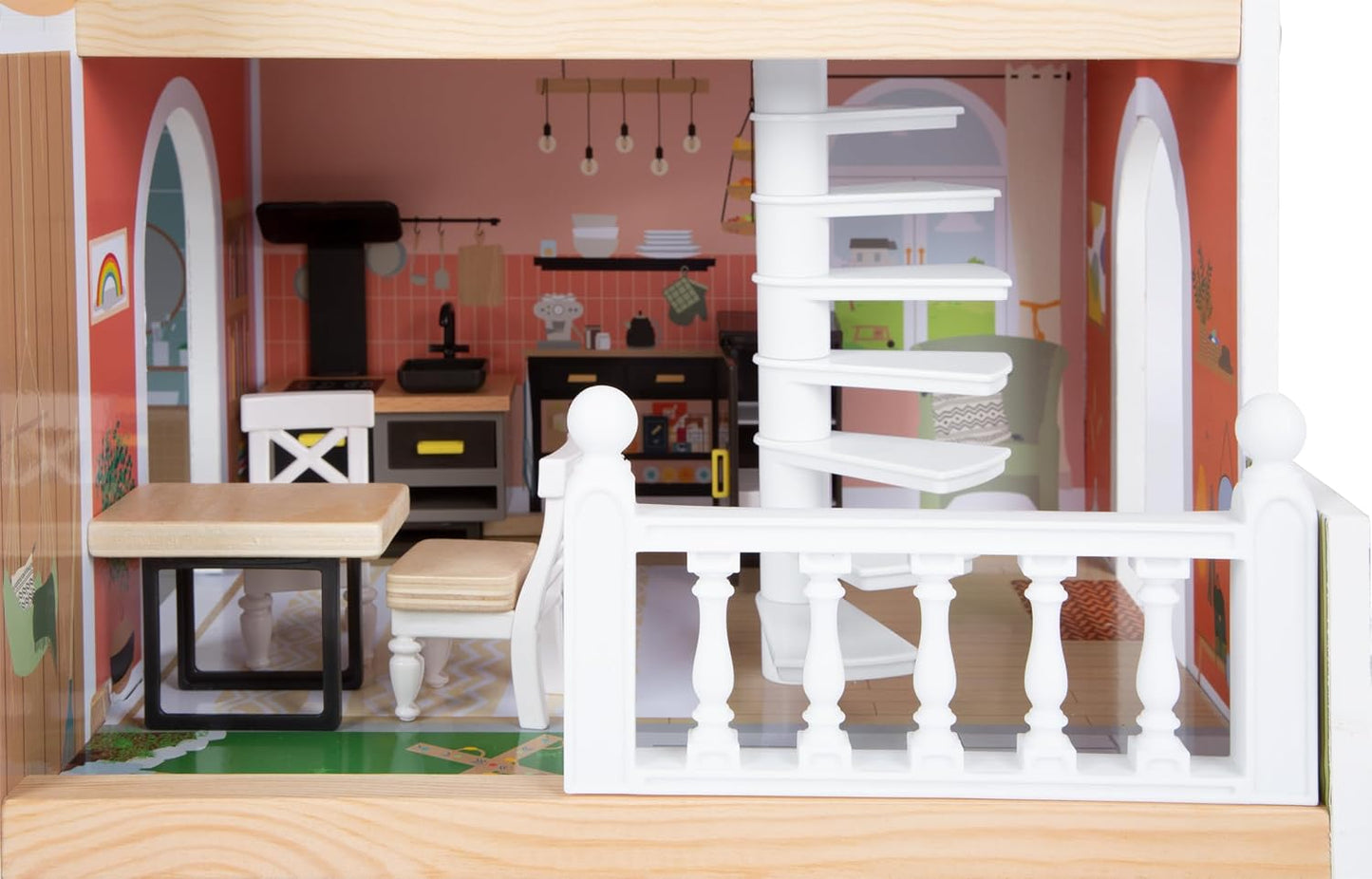 Holzpuppenhaus mit Dachterrasse und Zubehör, Puppenhaus mit Dachterasse