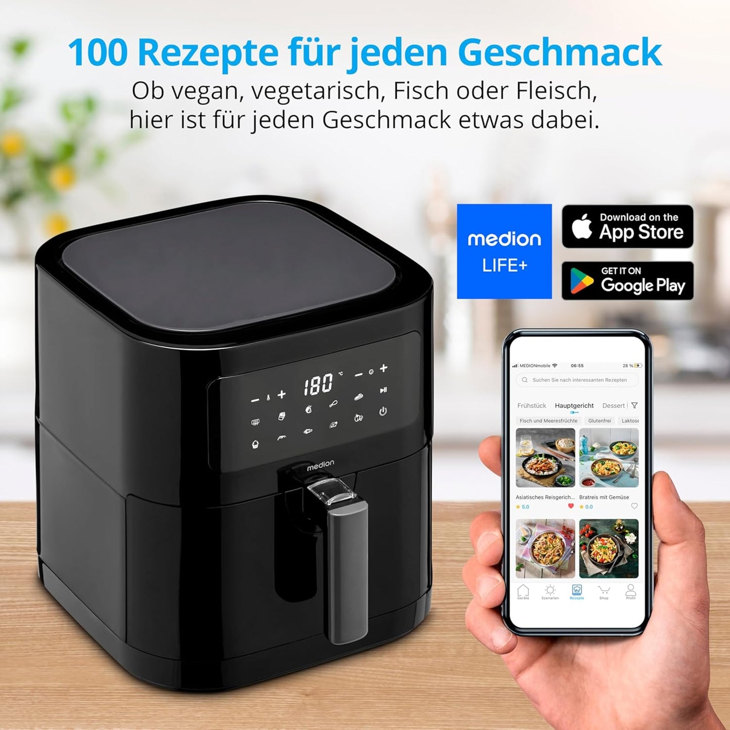 E40 XL Heissluftfritteuse mit Backfunktion, Schwarz