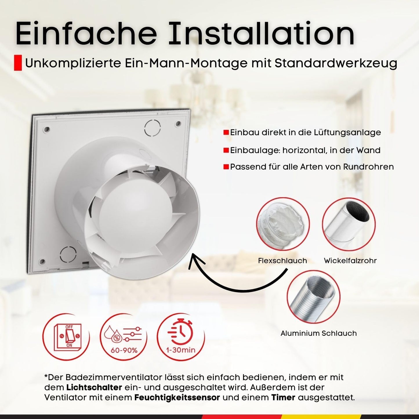 Badlüfter mit Feuchtigkeitssensor und Timer, Ø 100mm Anthrazit