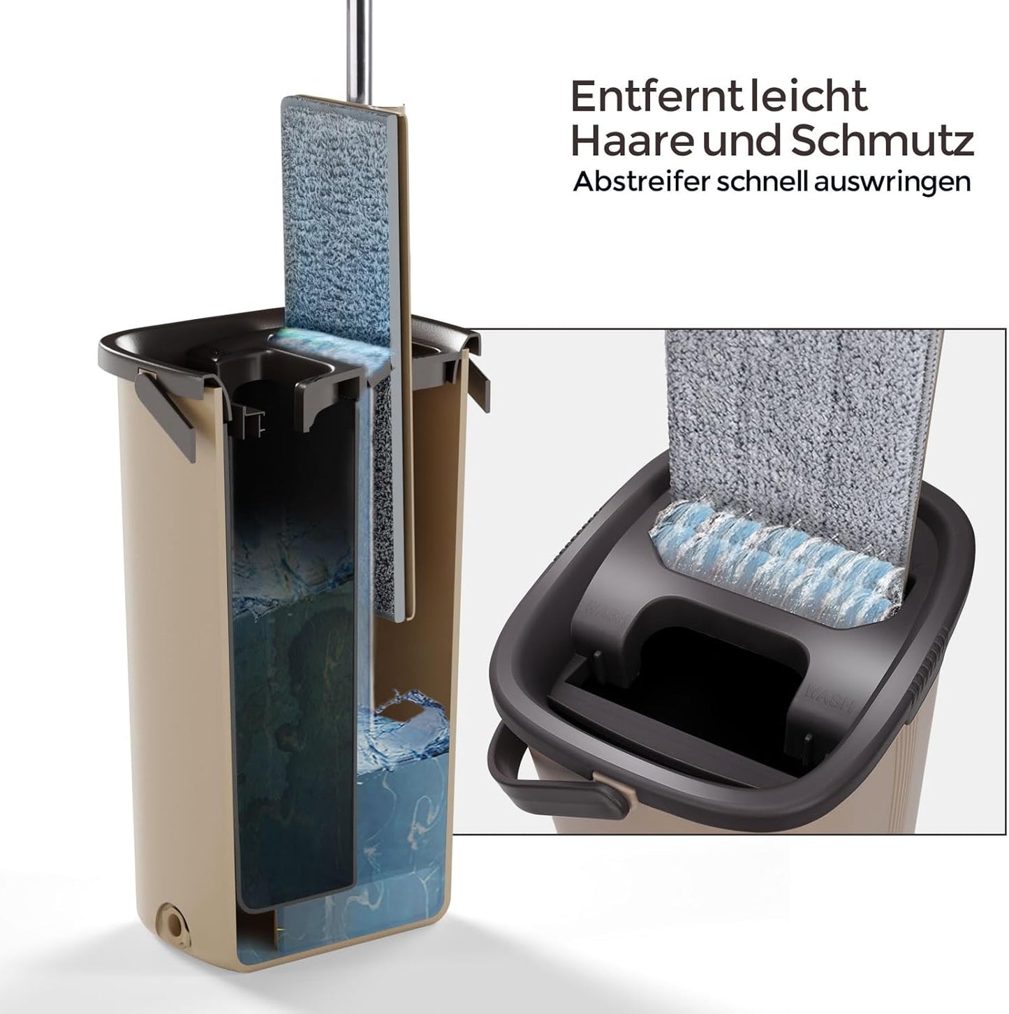 Wischmopp-Set mit Auswringfunktion & Eimer, Beige-4l