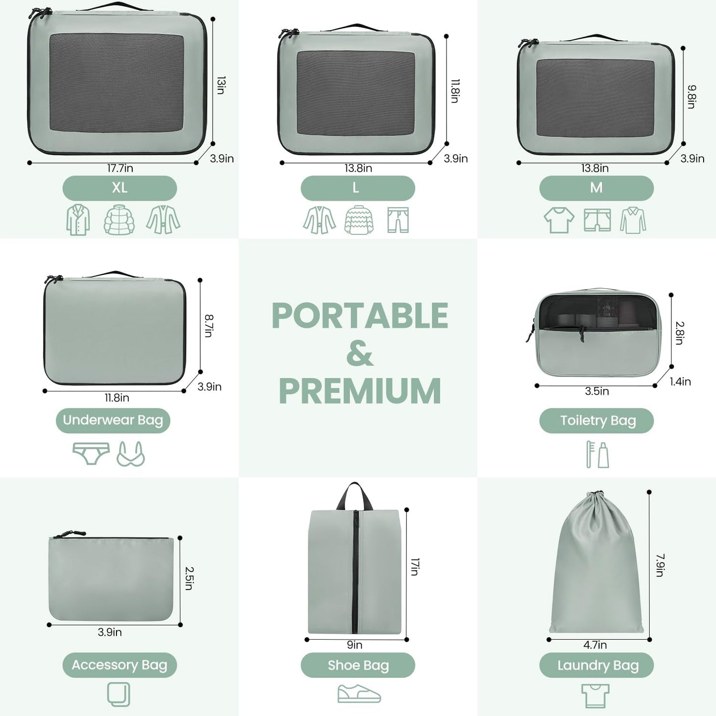 8er-Set Reise-Organizer, Matcha-grün