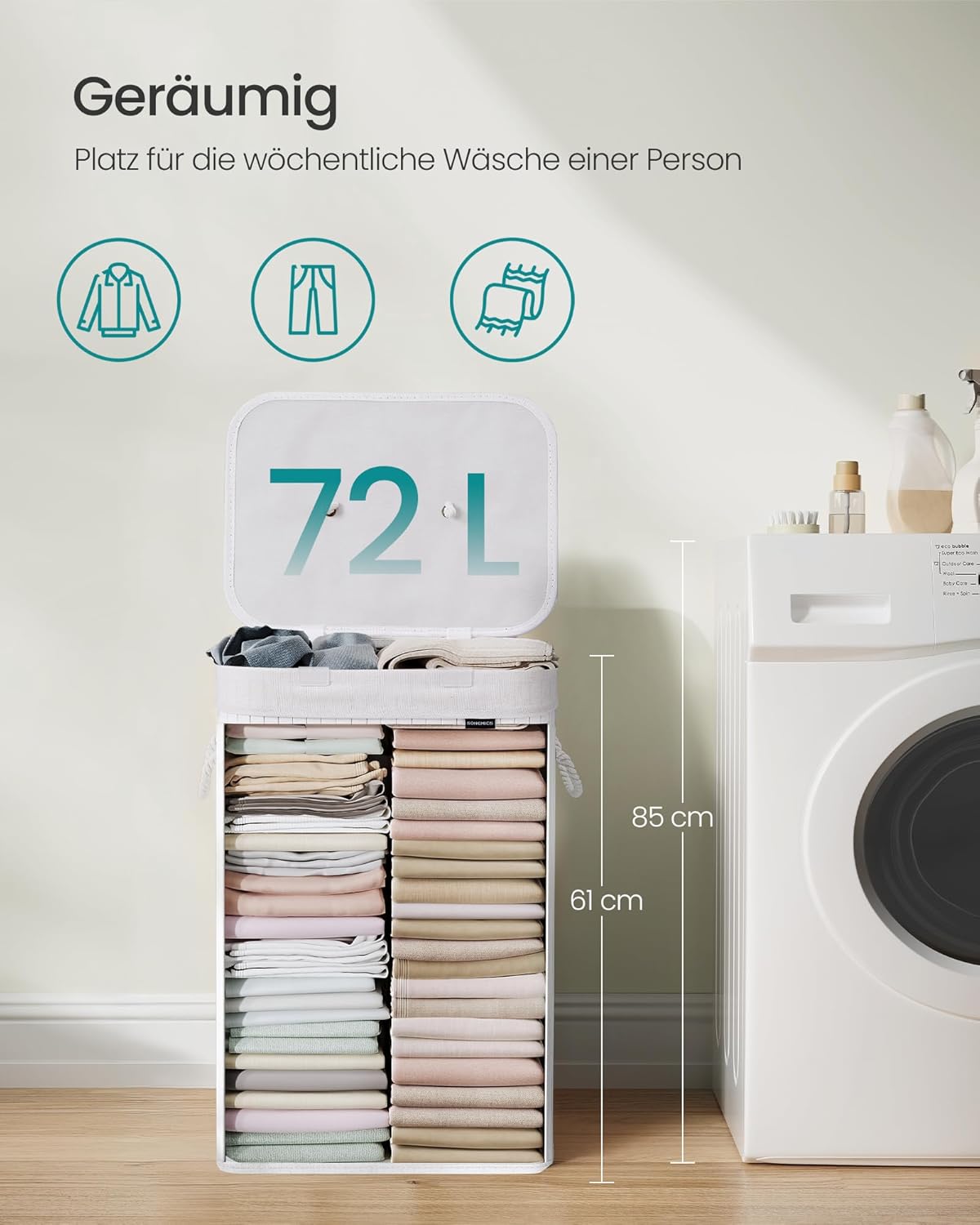 Wäschekorb mit Deckel, faltbar, 72 L Weiss