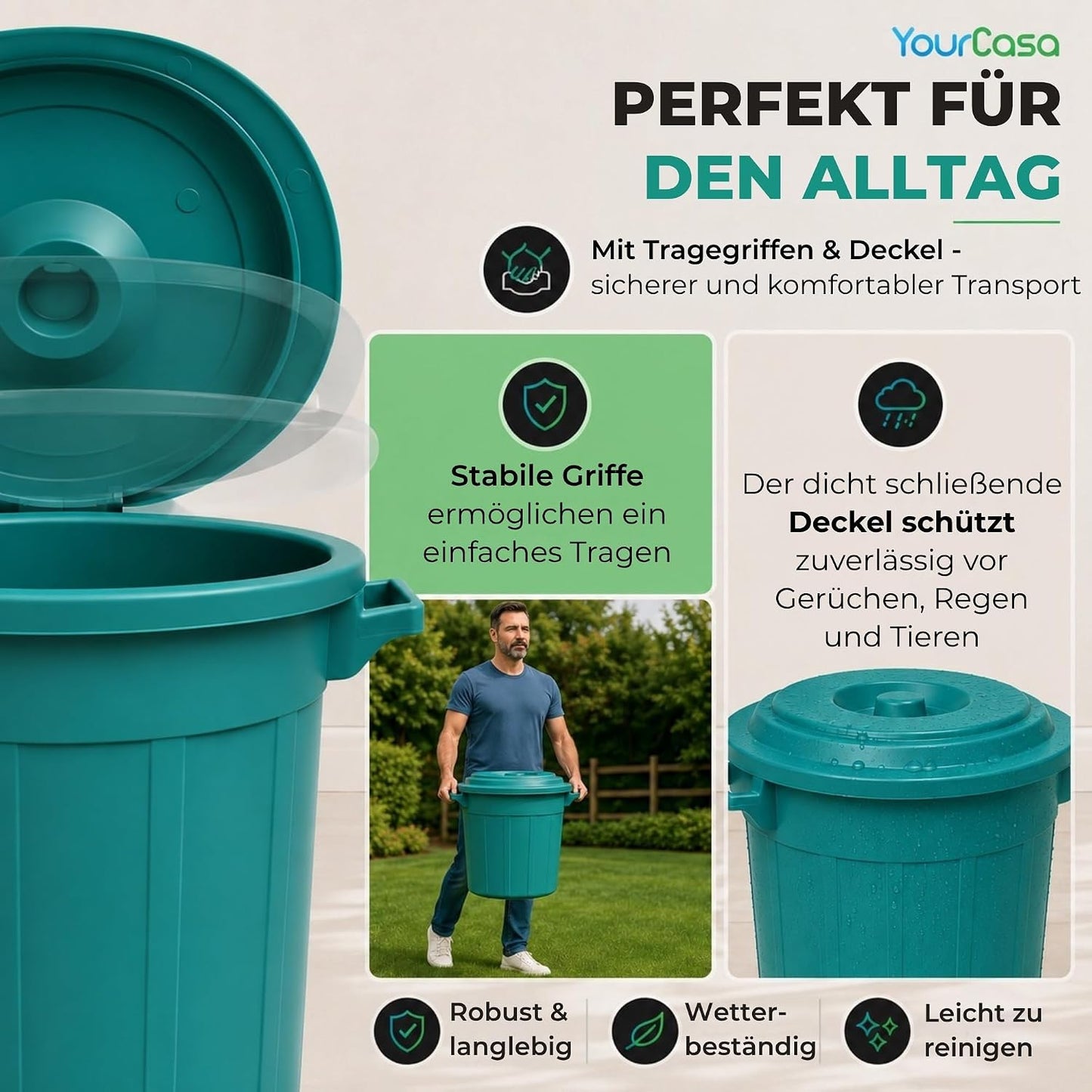 Universal-Mülltonnen mit Deckel, 2 Stück, Schwarz 2x50L