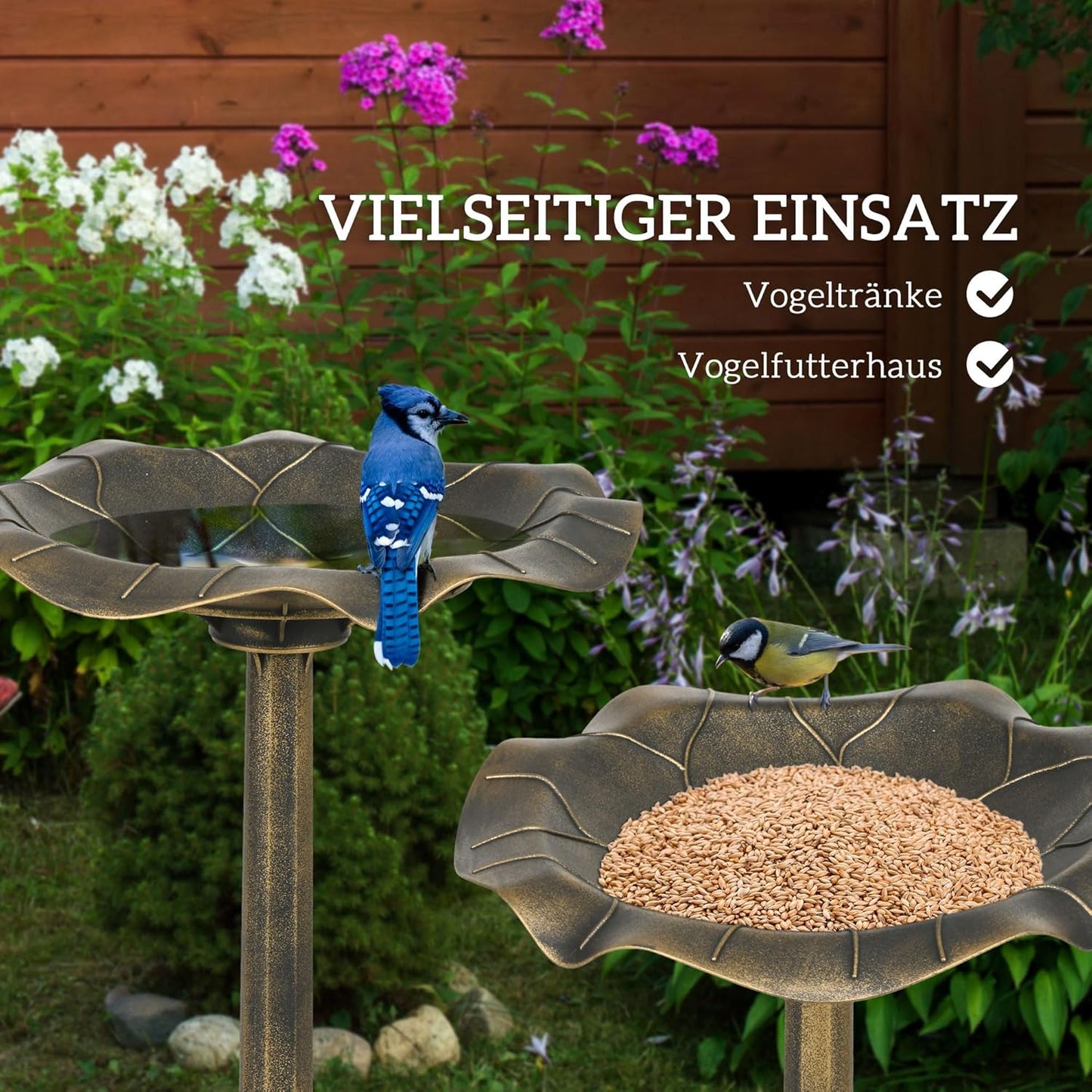 Vogeltränke mit Blattdesign und Ornamentfuss