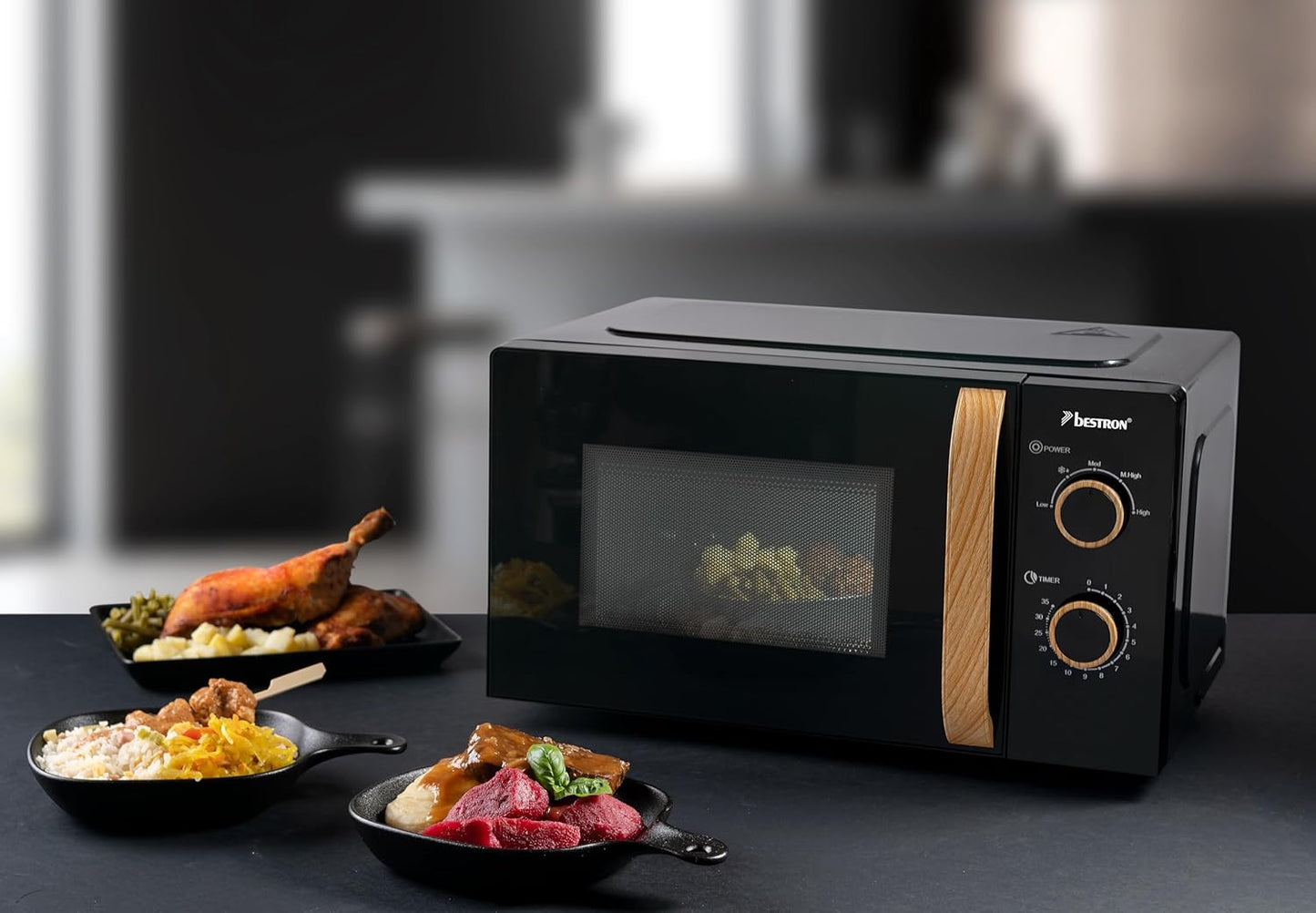 Mikrowelle mit Timer & Drehteller, Black & Wood Collection, Schwarz/Holz
